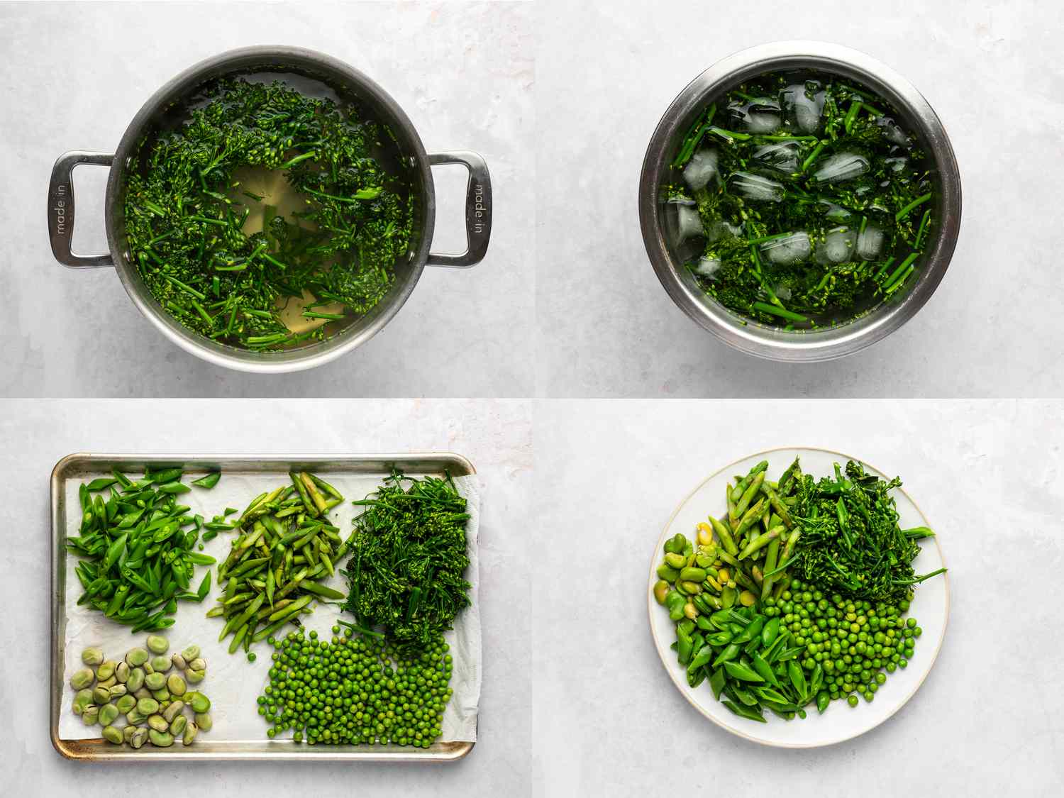 Blanching vegetables in boiling water, vegetables in ice bath, vegetables on a tray, and vegetables on a plate