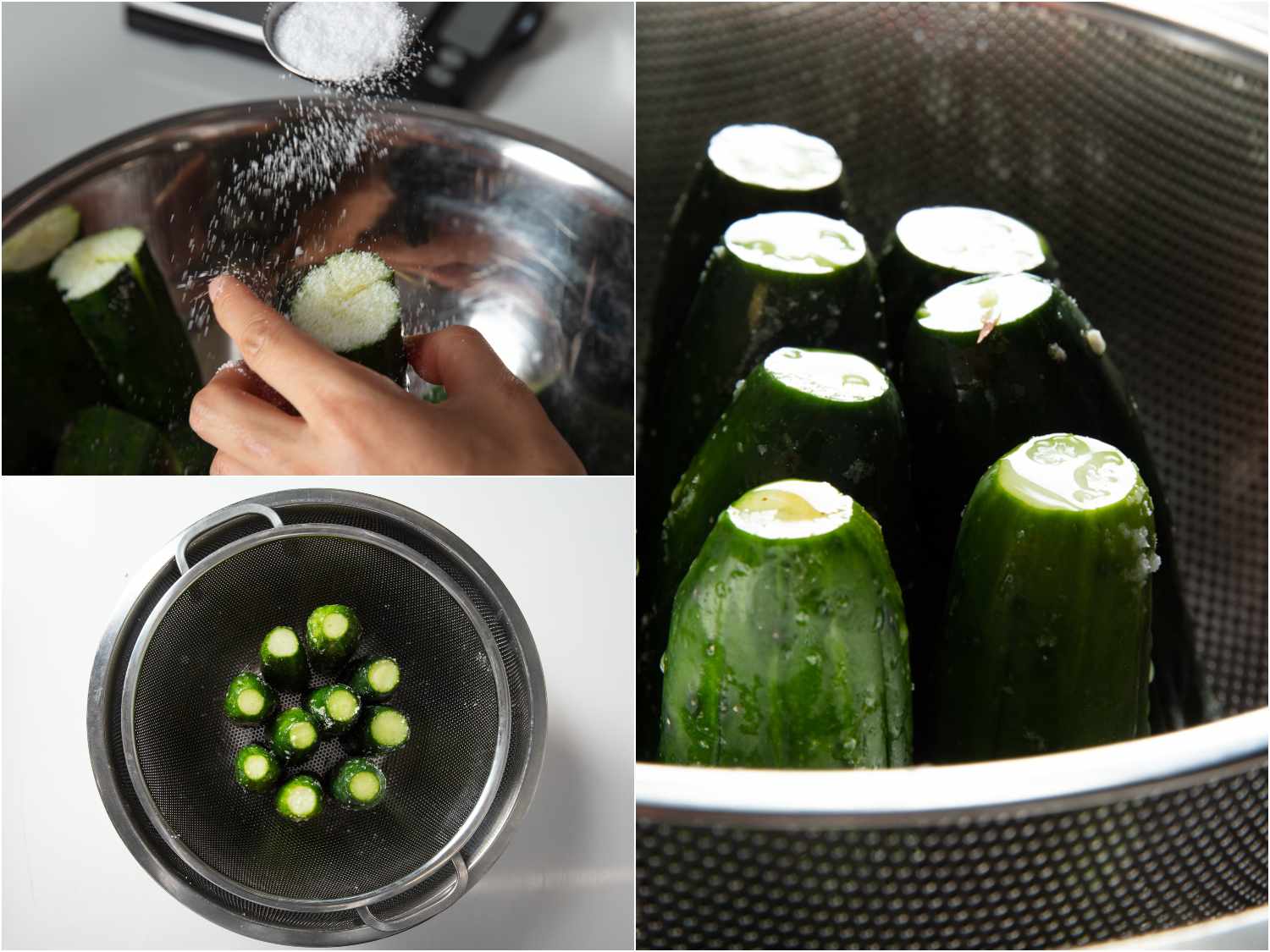 Collage of salting cucumbers and draining in a colander to release moisture.