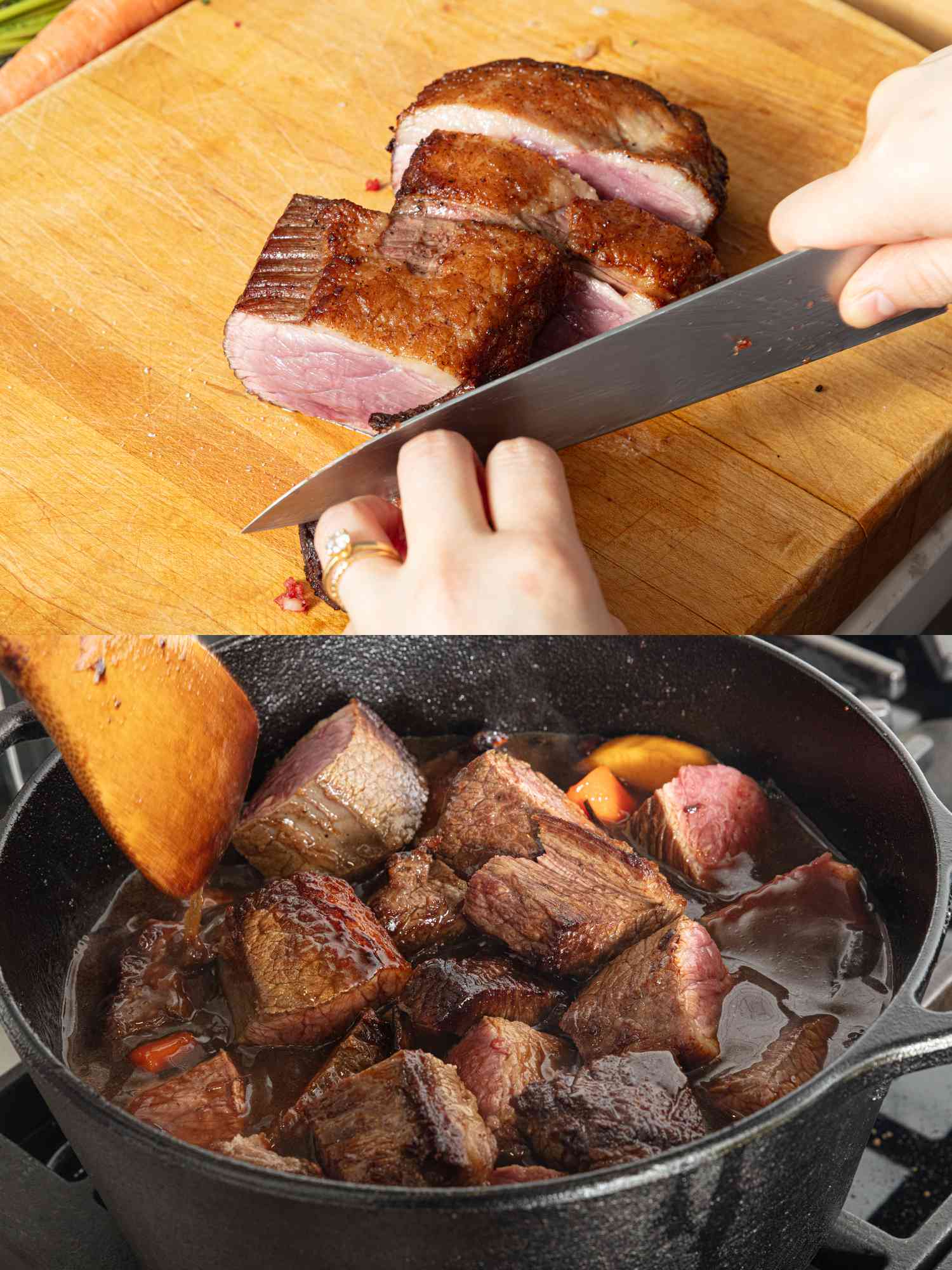 2 image collage. Top: Slicing seared steak on wooden board. Bottom: mixing meat into vegetables in pot