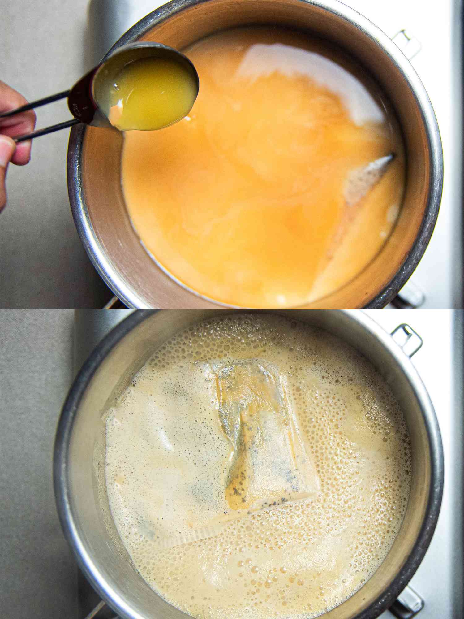 Two image collage of adding condensed milk and tea boiling over! 