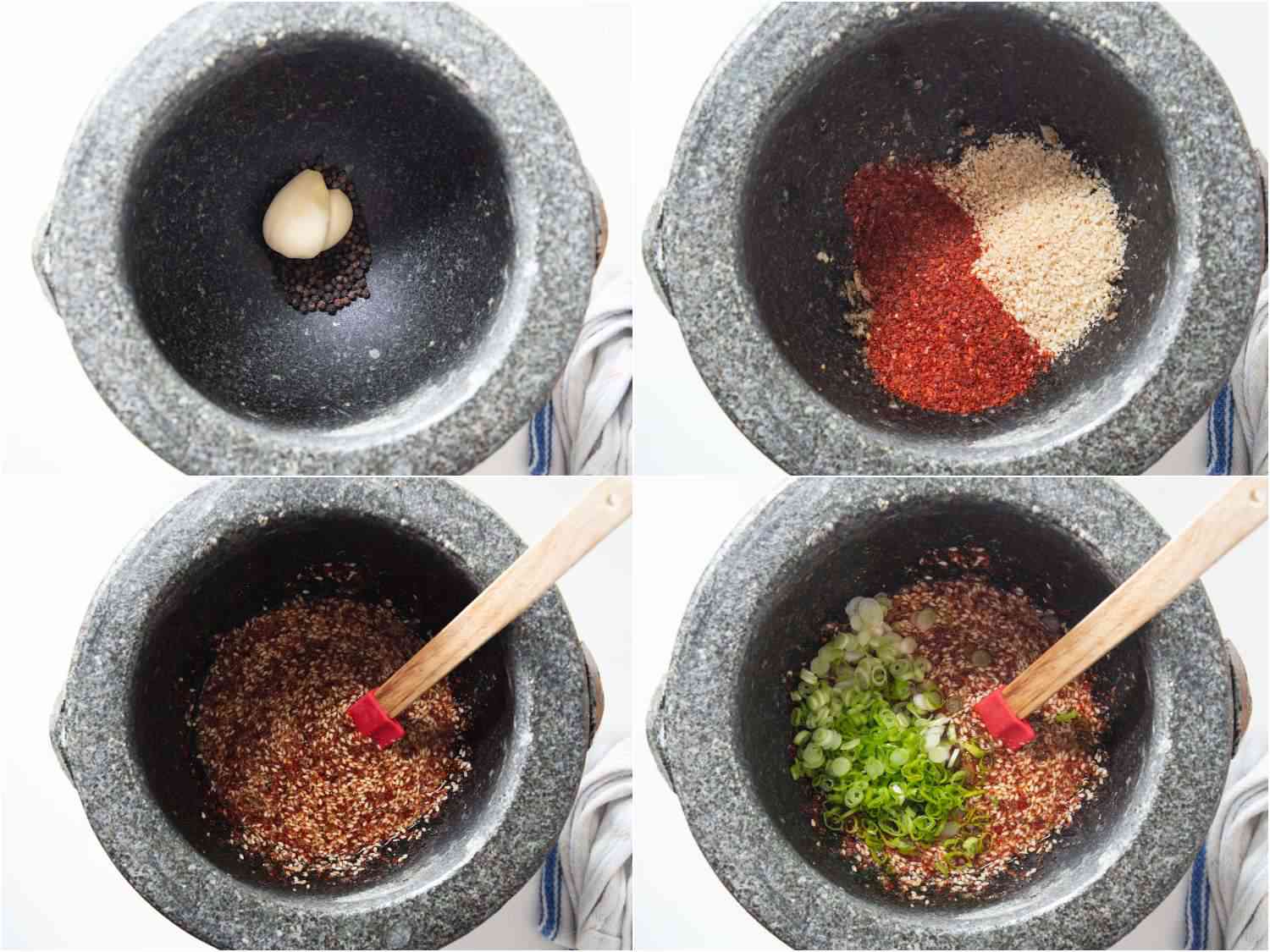 Collage of ingredients being added to a mortar for Korean yangnyeom sauce