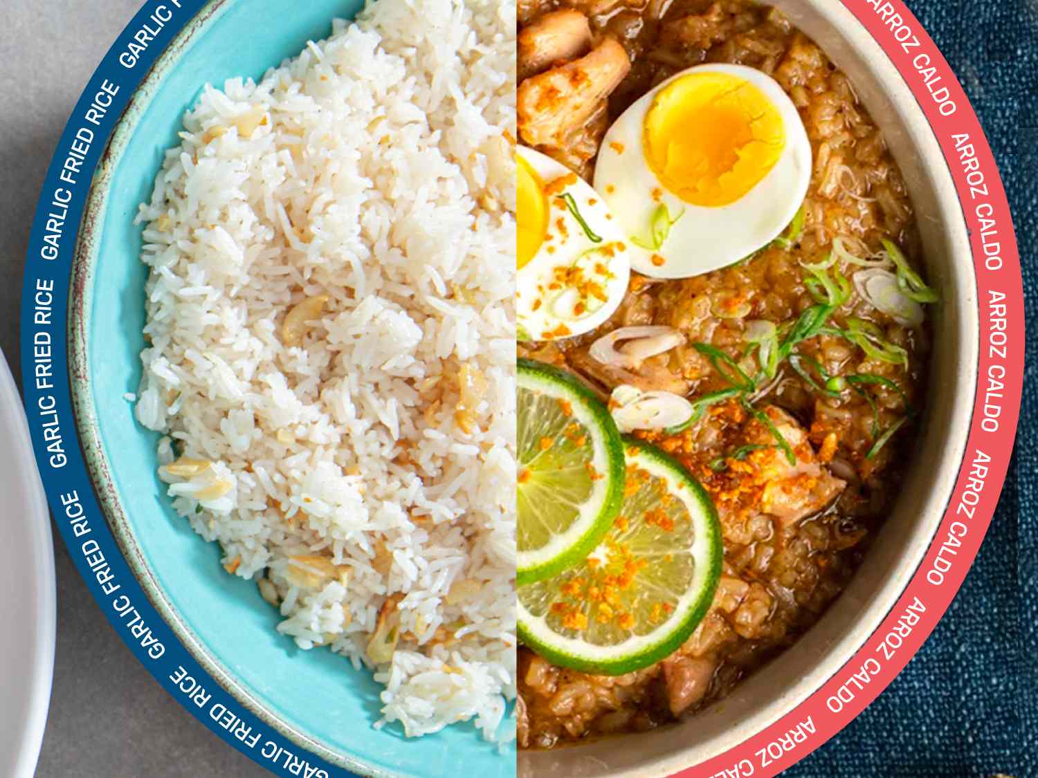 Overhead view of split image of garlic fried rice on the left and arroz caldo on the right