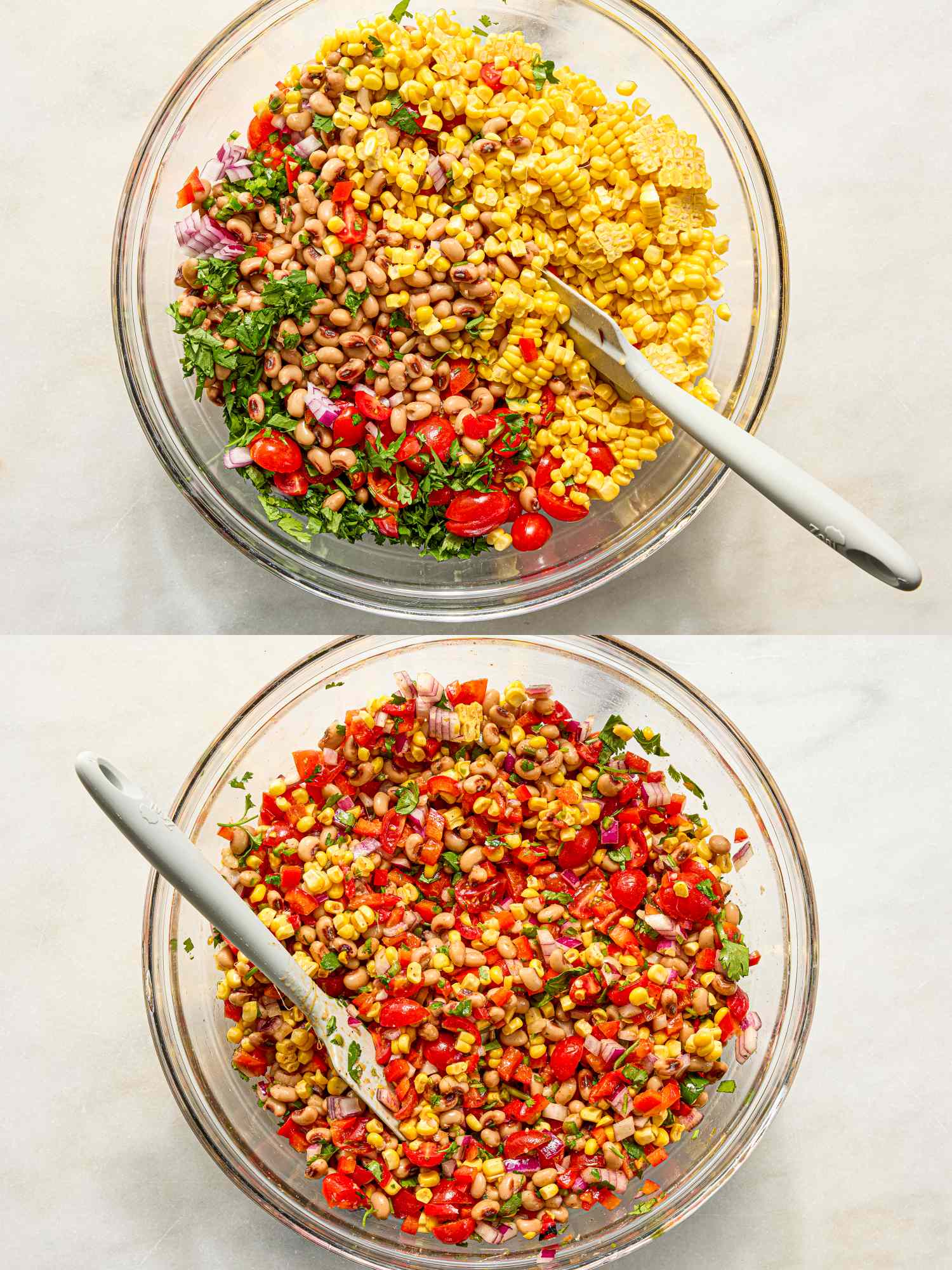 Two glass bowls of freshly mixed food ingredients featuring vegetables spices and grains a spoon in each bowl