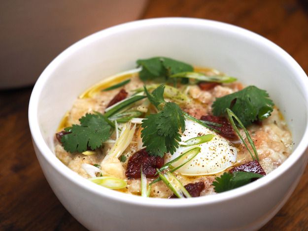 A bowl of Portuguese Garlic and Cilantro Bread Soup (Açorda à Alentejana).
