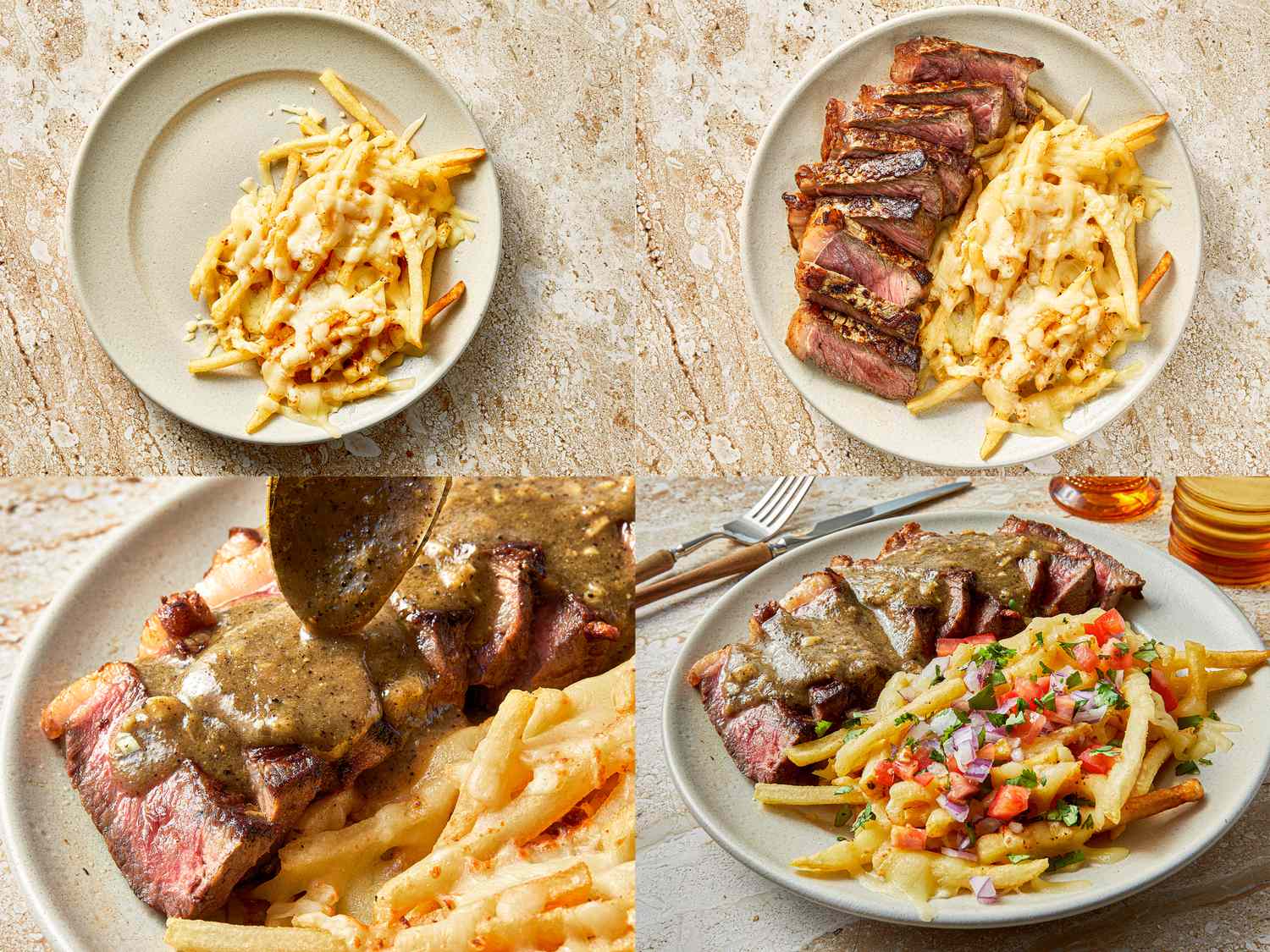 Four dishes of carne asada fries with varied toppings such as cheese grilled steak sauce and pico de gallo