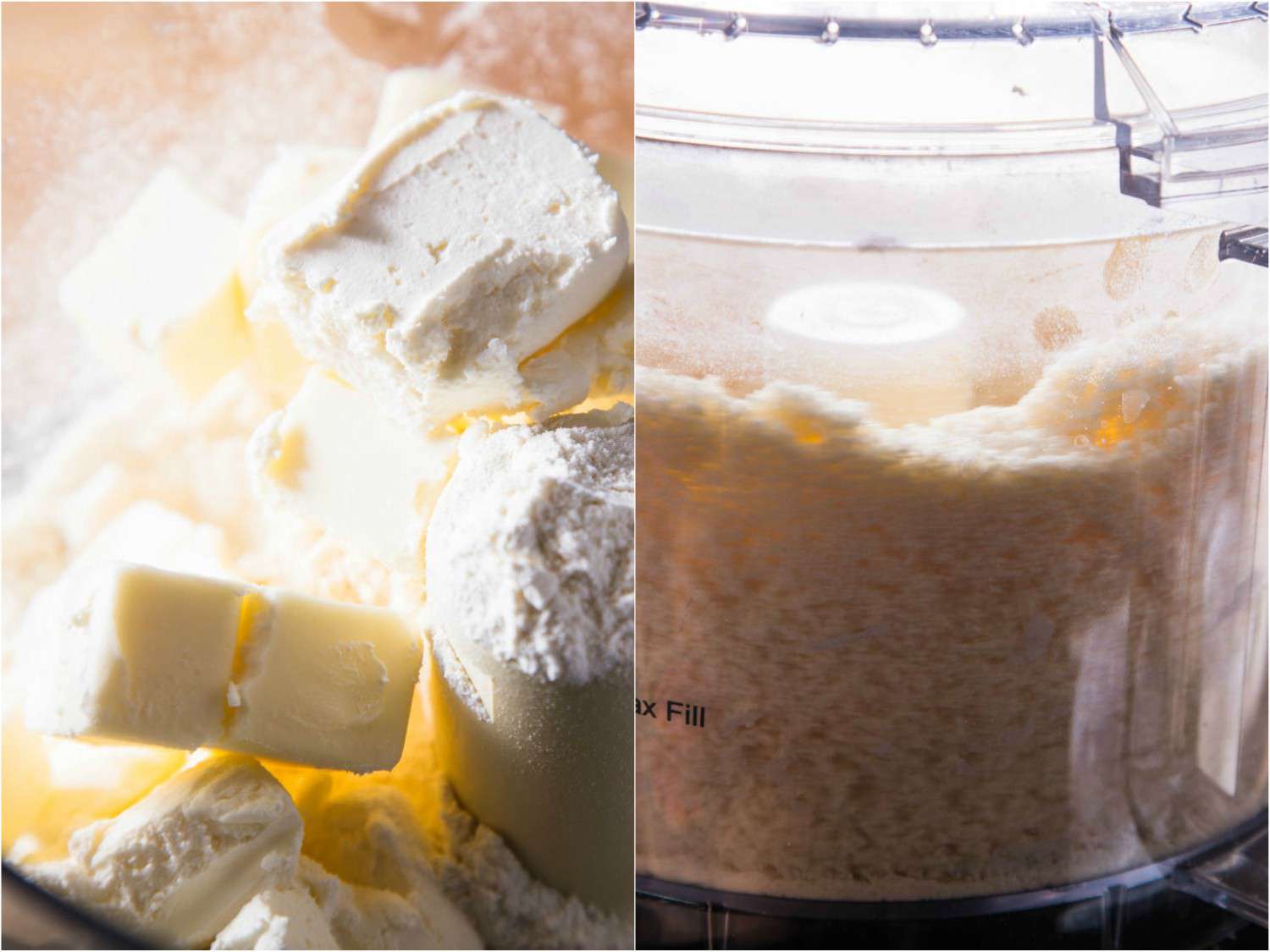 Collage showing rugelach dough ingredients in the food processor before and after they have been pulsed together.