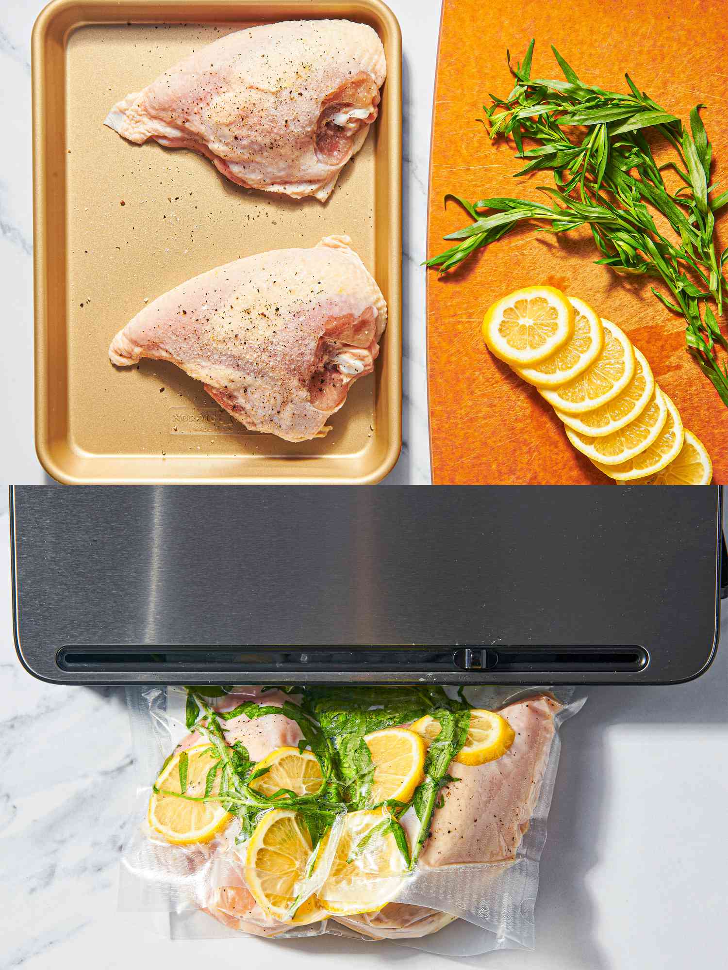 Two image collage of vacuum sealing chicken: prepared ingredients on a tray and a board on top, bag with sealed chicken, lemon slices, and tarragon below.