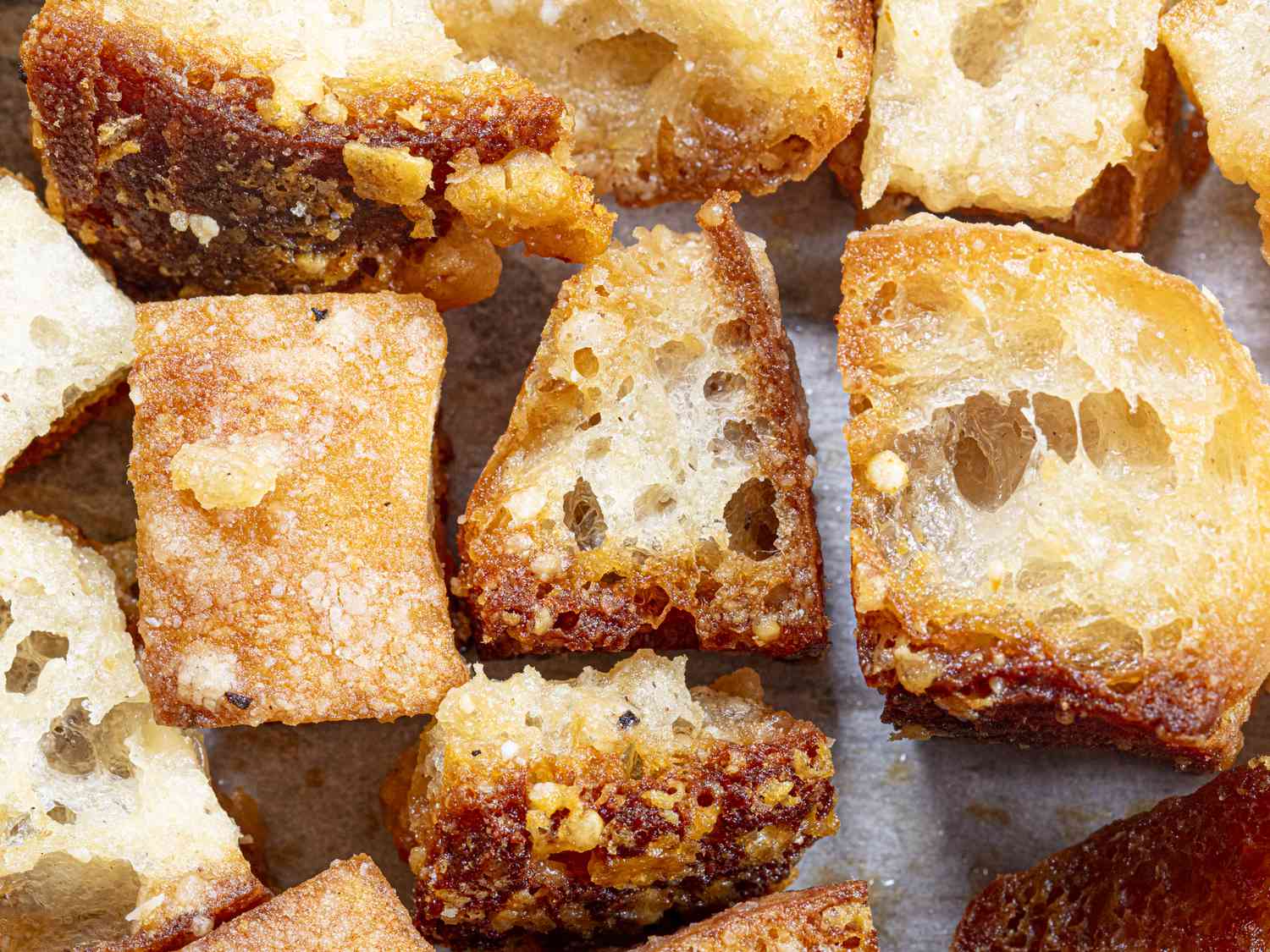 Overhead view of Parmesan croutons