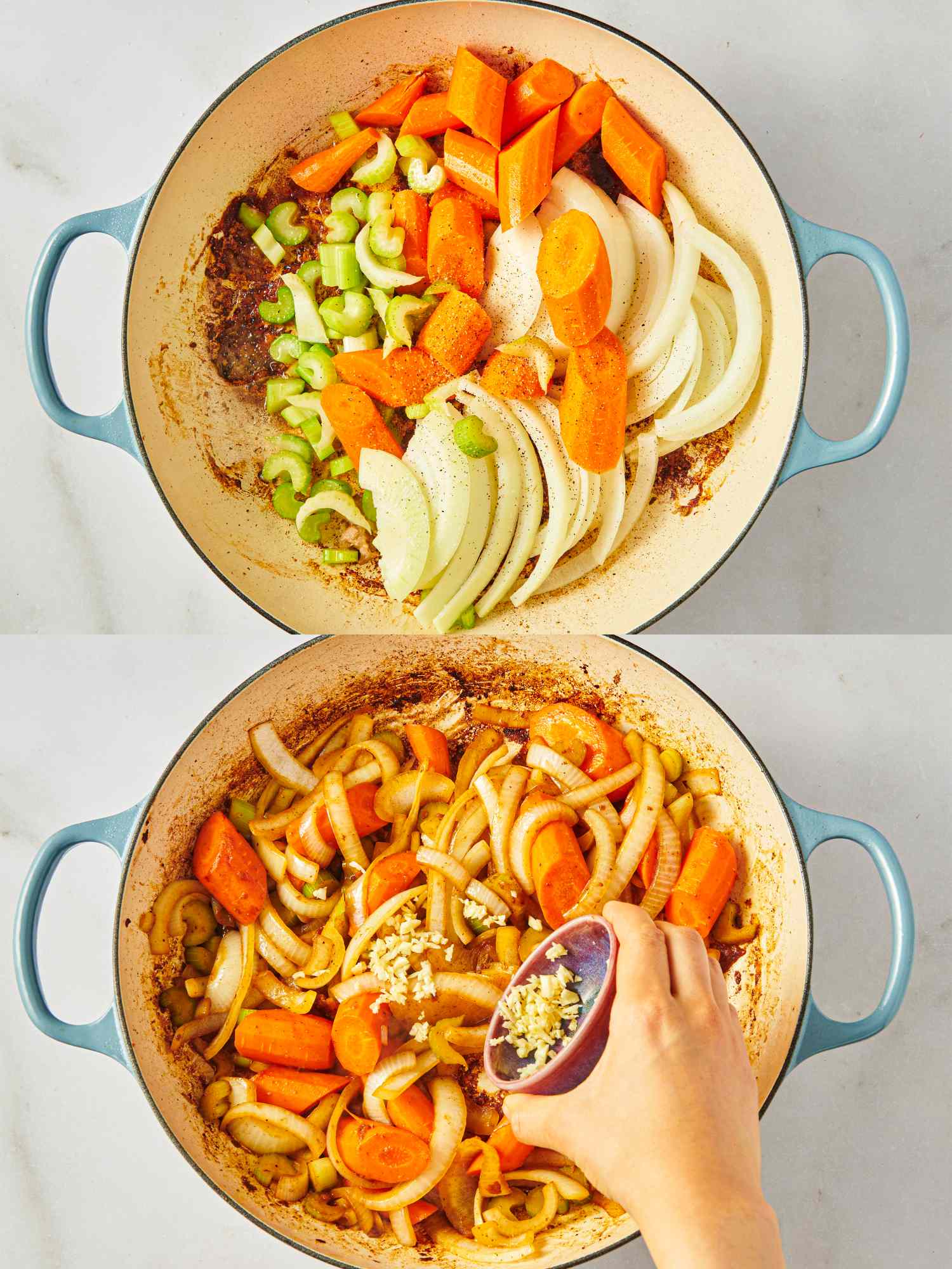 Two images step by step preparation of a meal in a pan with vegetables and spices