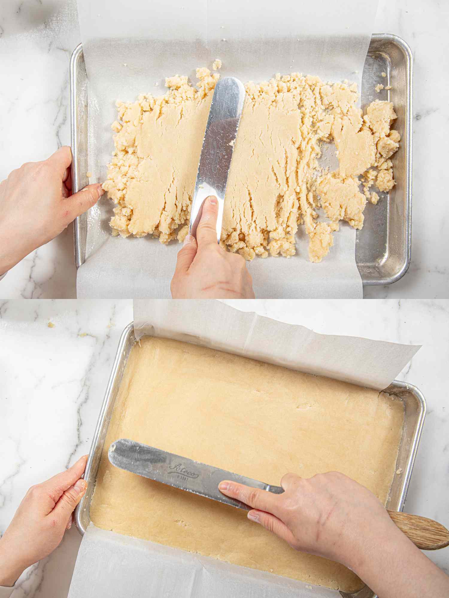Two image collage of spreading dough into pan