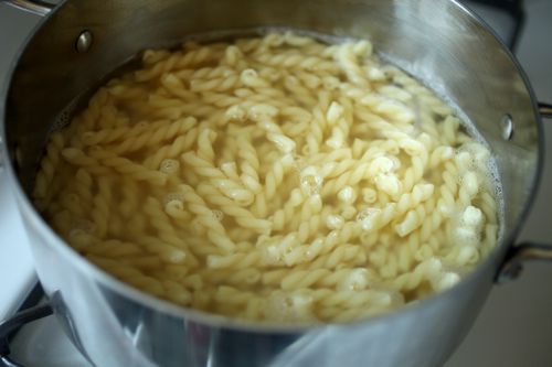 A pot containing gemelli pasta and water to cover.