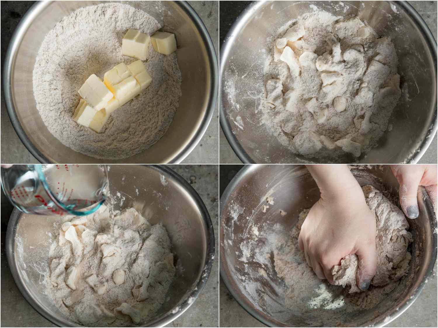 Collage of whole wheat pie dough being mixed: butter is worked into the dry ingredients, then water is added and all is mixed together.