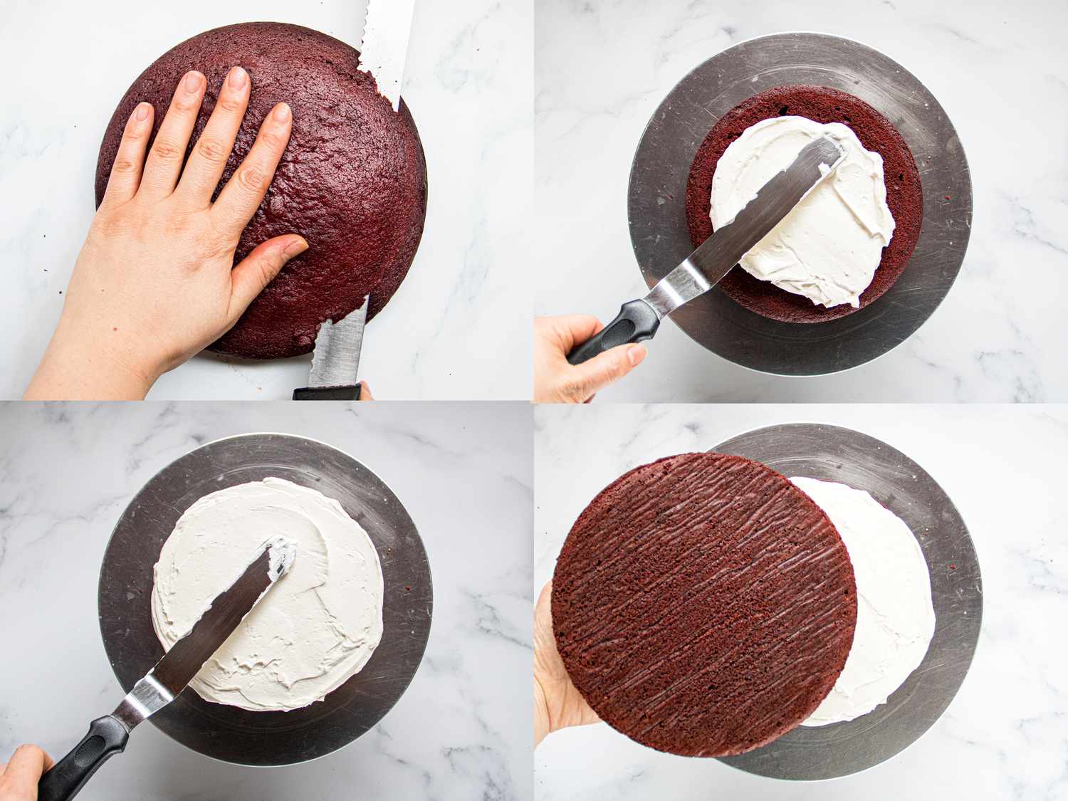 Four image collage of assembling cake