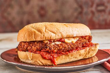 Side view of chicken parm sub