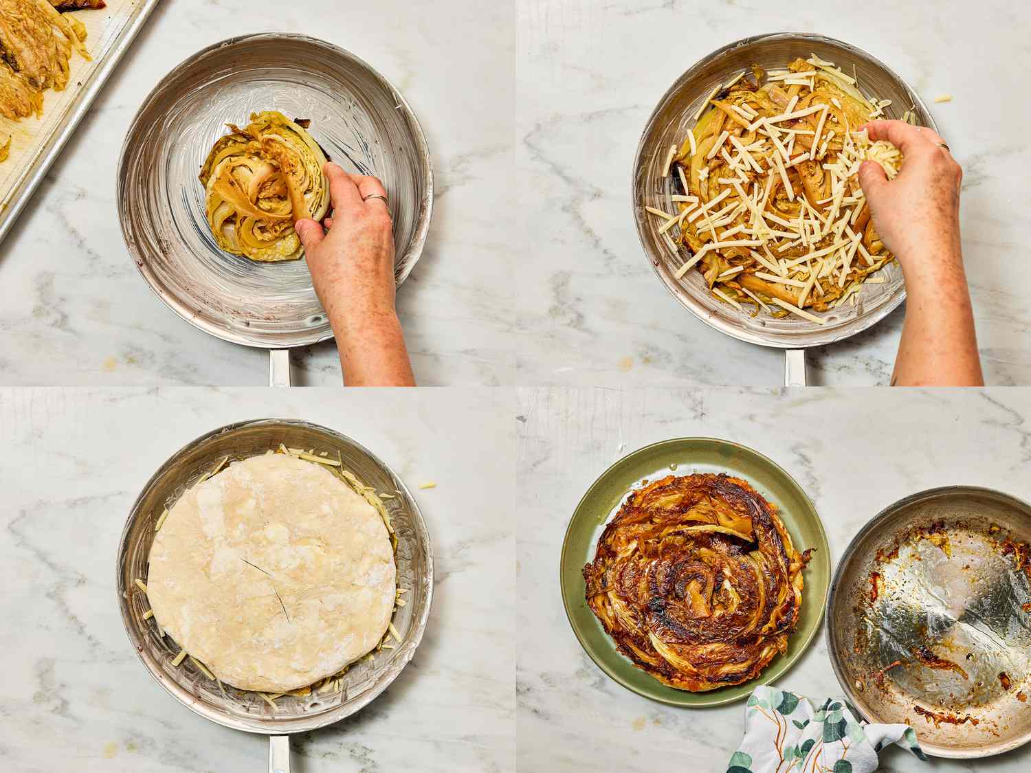 Four steps of assembling and baking a cabbage tart tatin