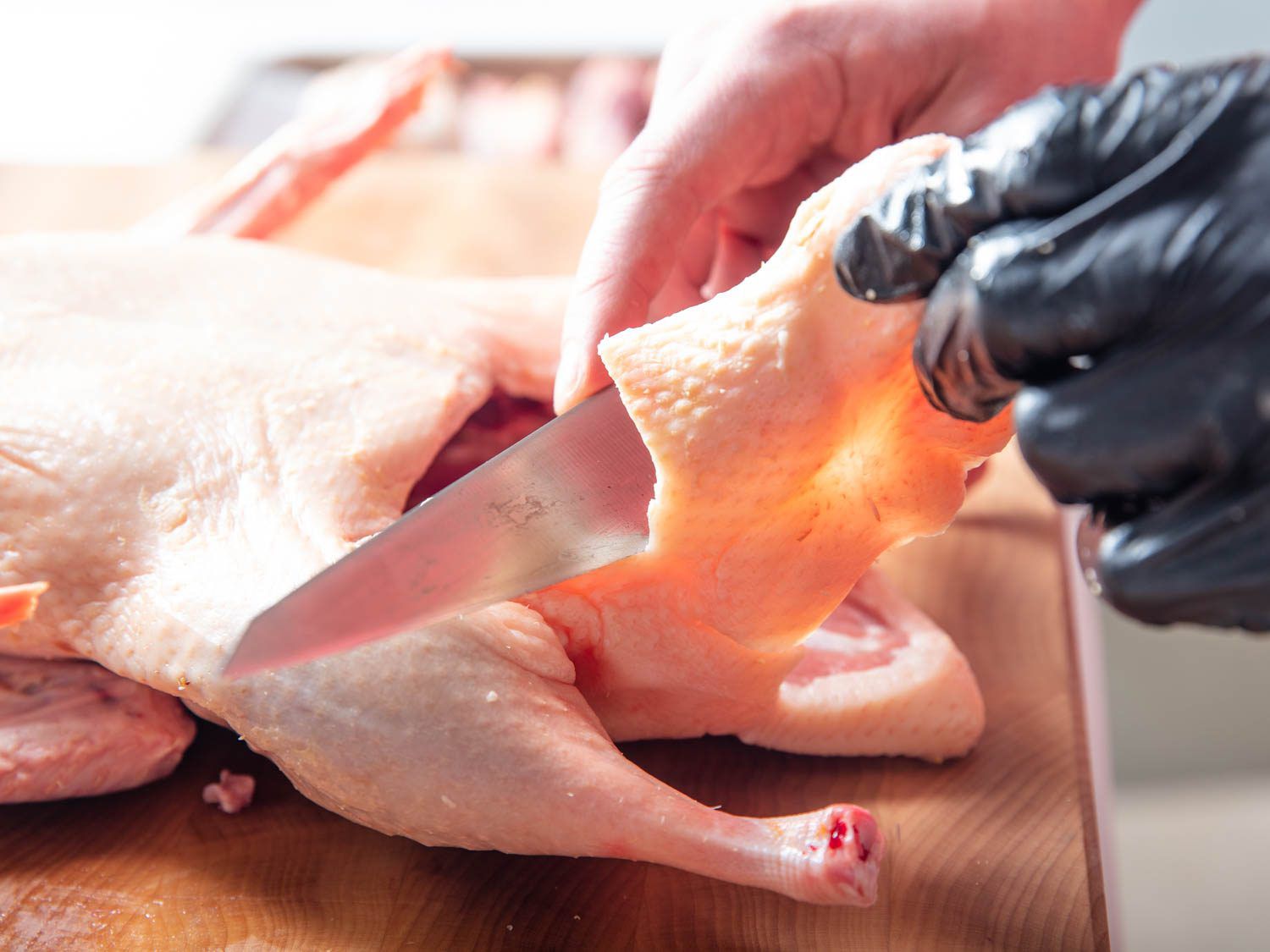 Closeup side view of removing excess skin from cavity area of a duck.