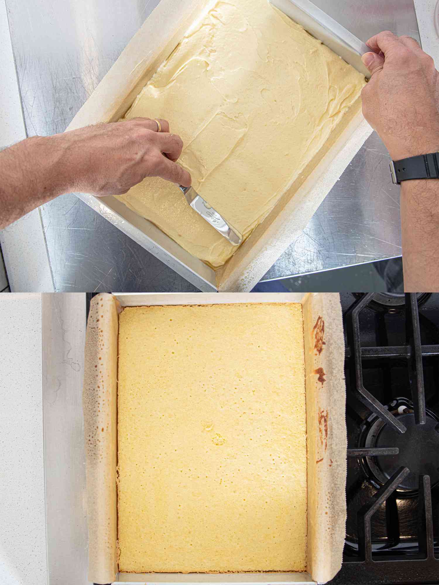 Two image collage of making first cake