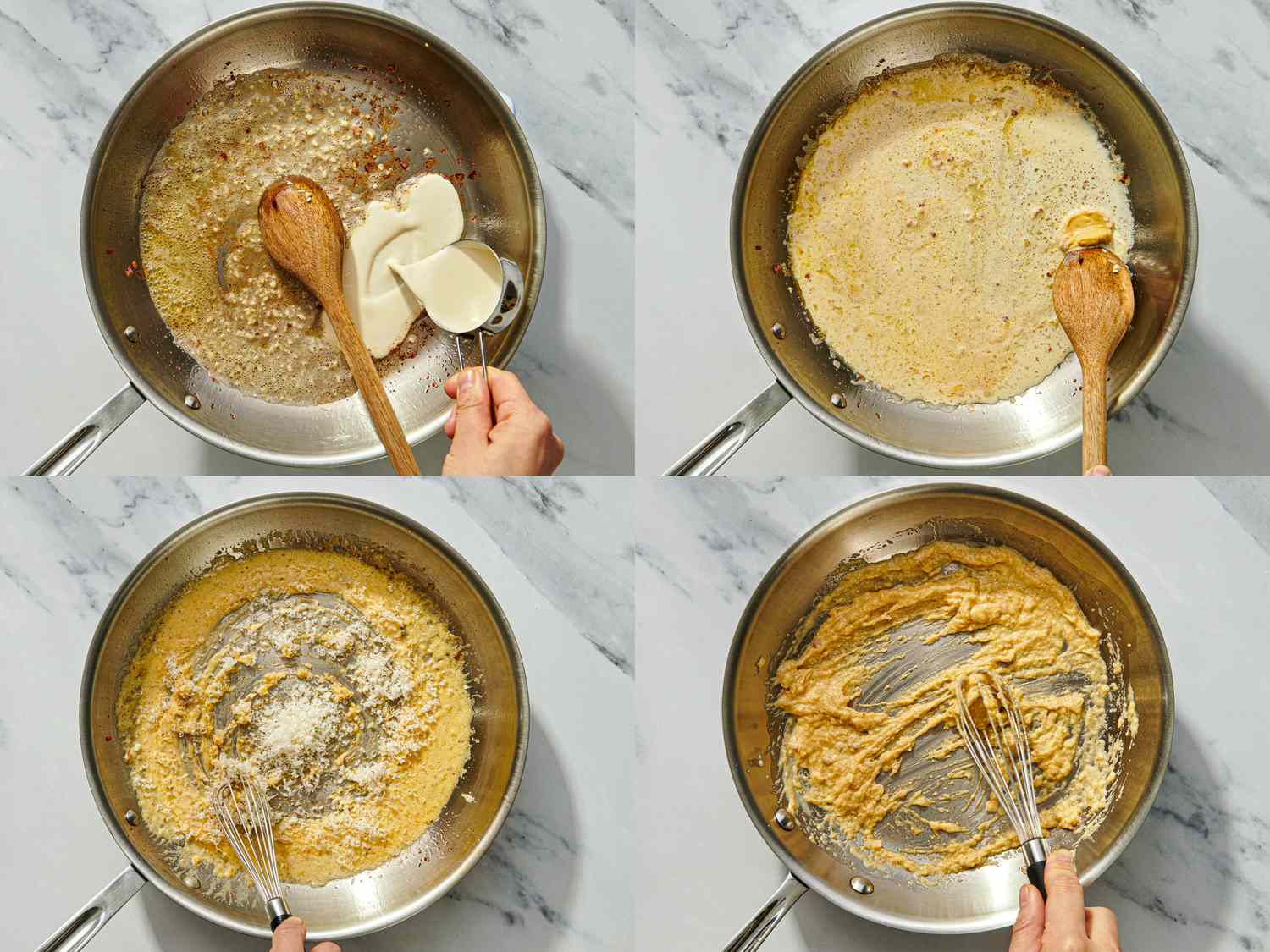 Steps in making buttered bread crumb mixture in a pan from stirring raw ingredients to whisking