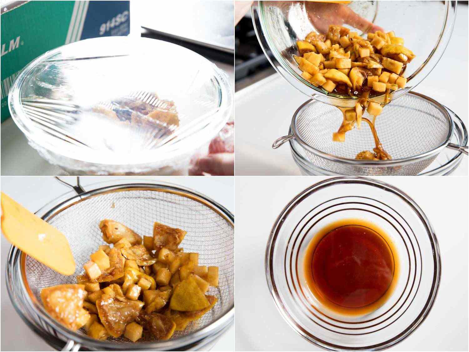 A 4-image collage of photos showing macerating the pineapple and straining the fruit scraps.
