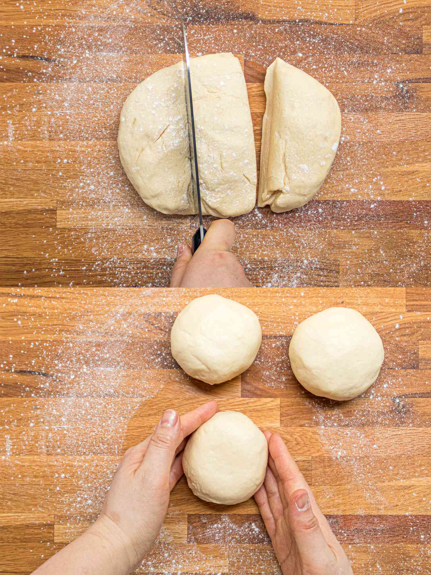 Two image collage of folding dough balls