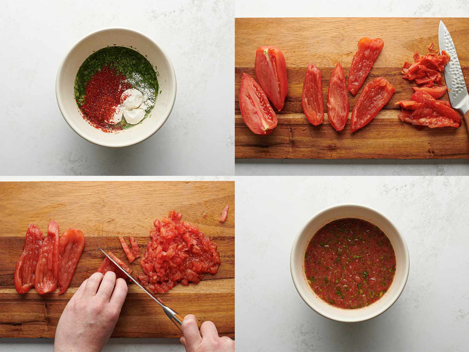 A four image collage. The top left image shows all of the sauce ingredients, minus the tomatoes, in a small ceramic bowl. The top right image shows the tomatoes, cored and sliced into strips, on a wooden cutting board with a knife. The bottom left image shows the tomatoes being diced on a cutting board. The bottom right image shows the sauce completely combined in a small ceramic bowl.