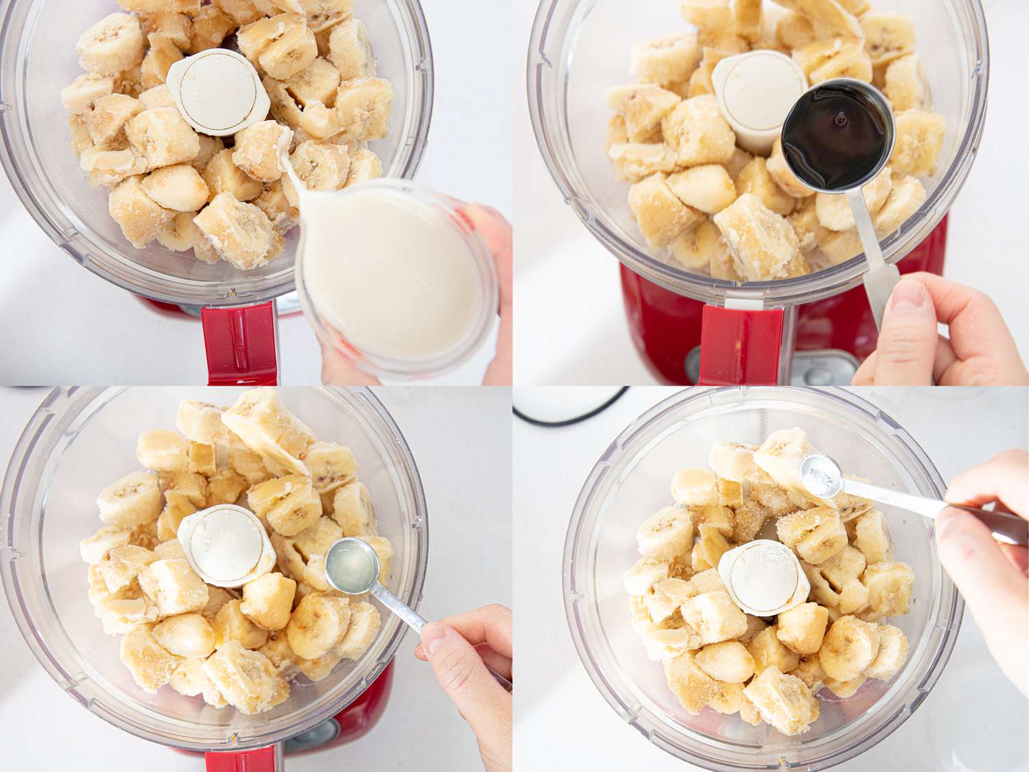Four image collage of making banana ice cream