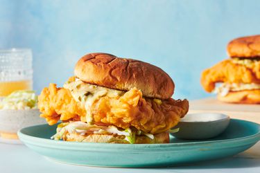 Side view of a fried fish sandwich
