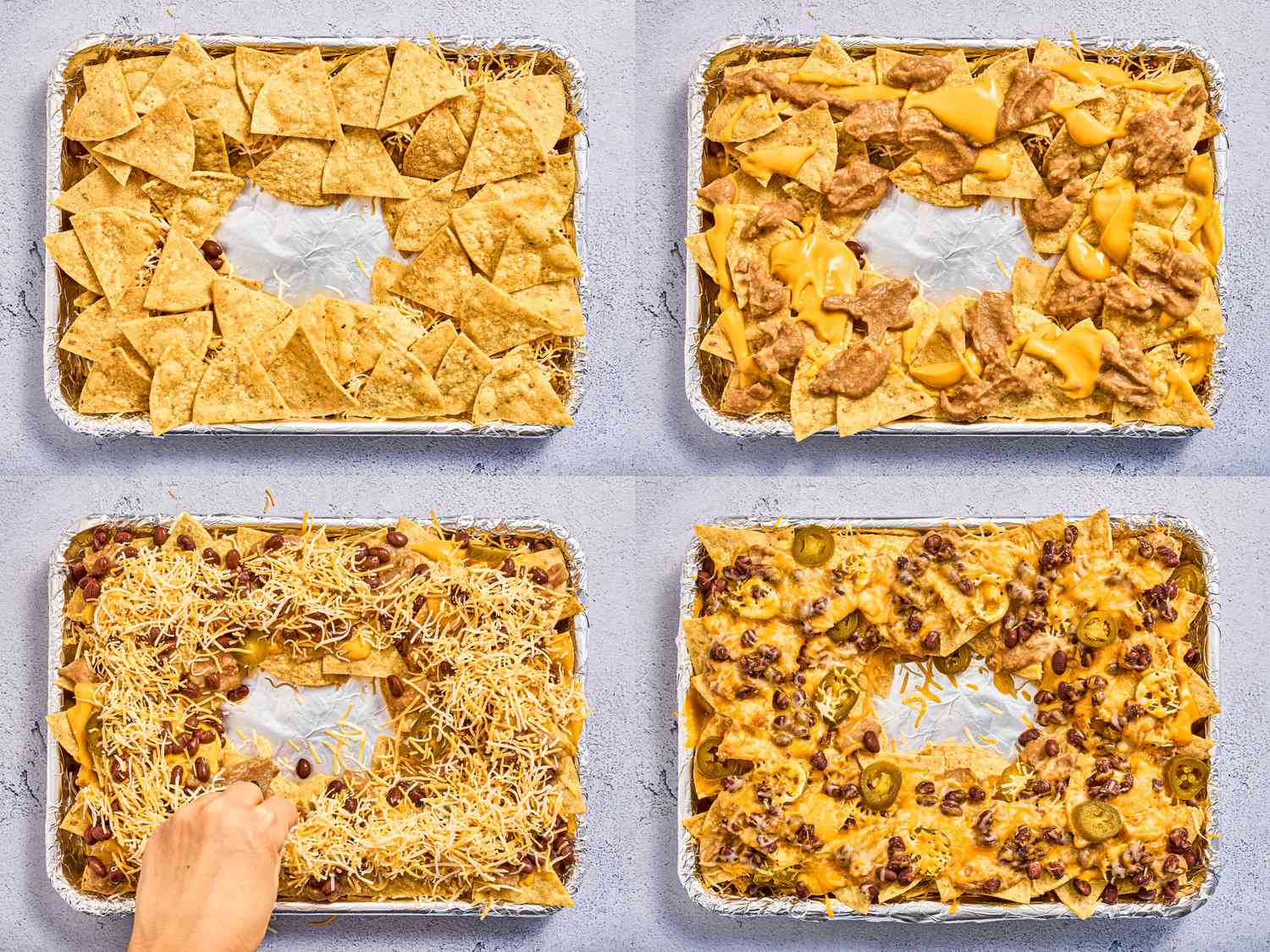 Four image collage of building second layer of nachoes