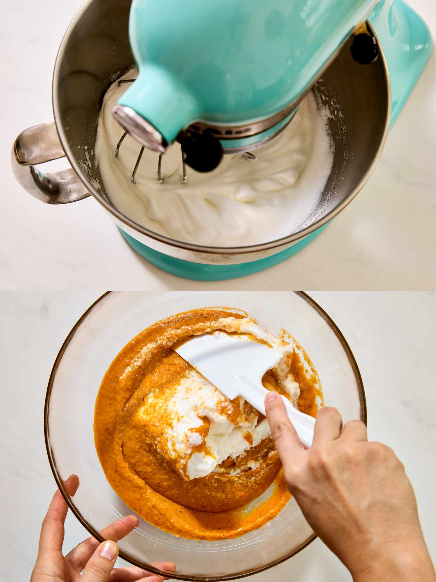 2 image collage. Top: egg whites whipped in stand mixer. Bottom: folding in beaten eggs to squash