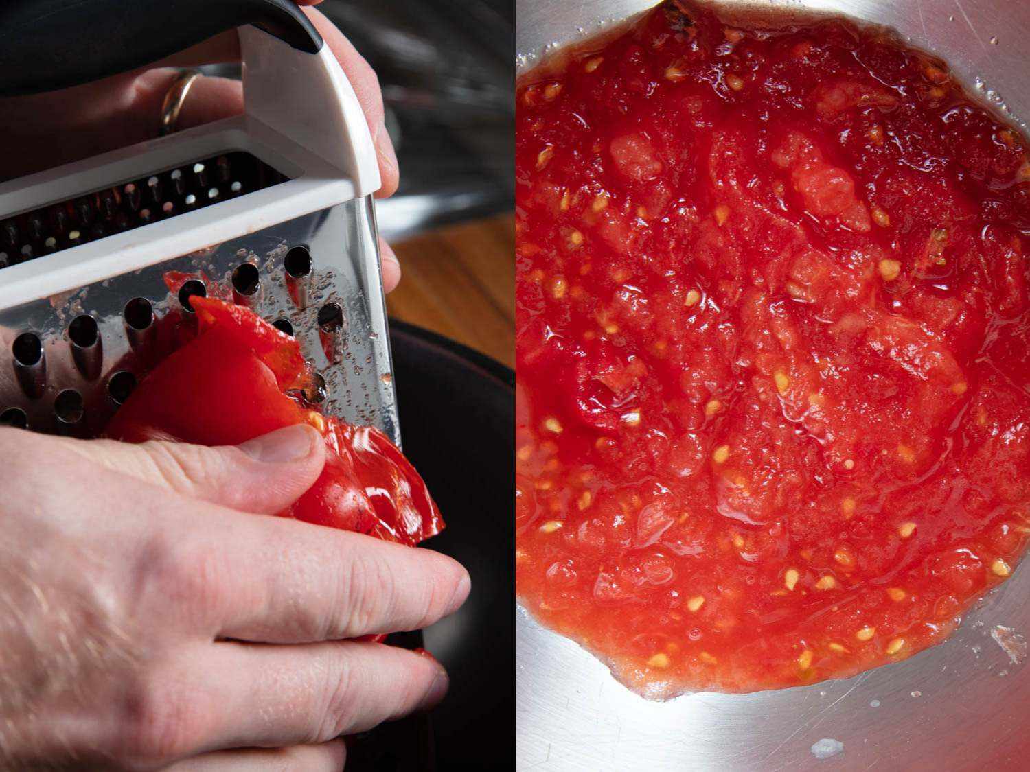 Photo collage of grating fresh tomato with a box grater in a mixing bowl. 
