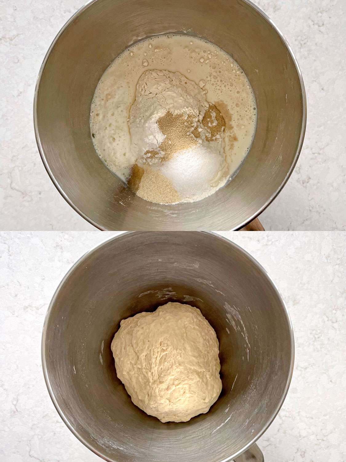 Two image collage of overhead view of dough before and after being mixed