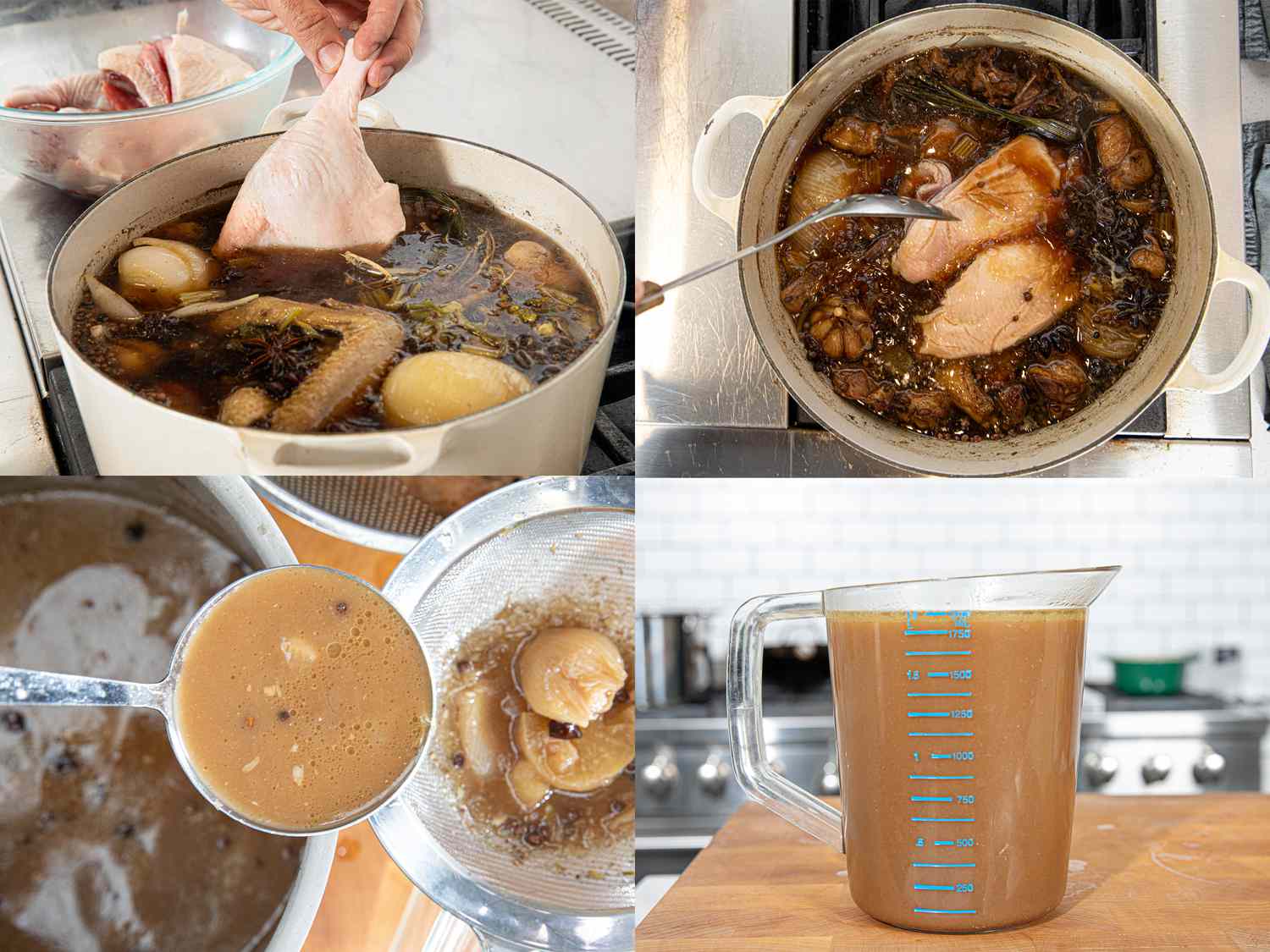 Four image collage of making duck broth and straining it 