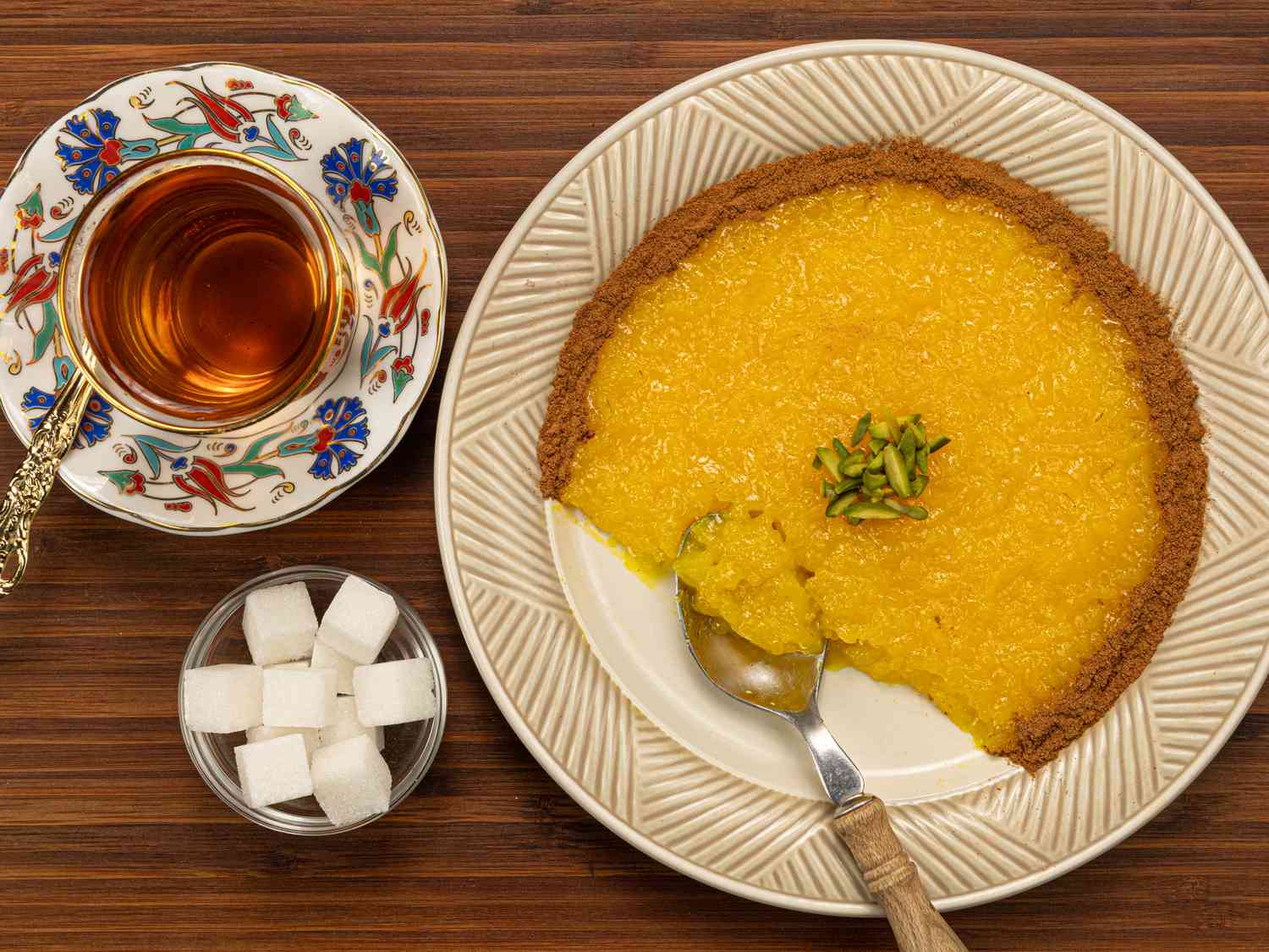 Overhead view of sholeh zard with tea