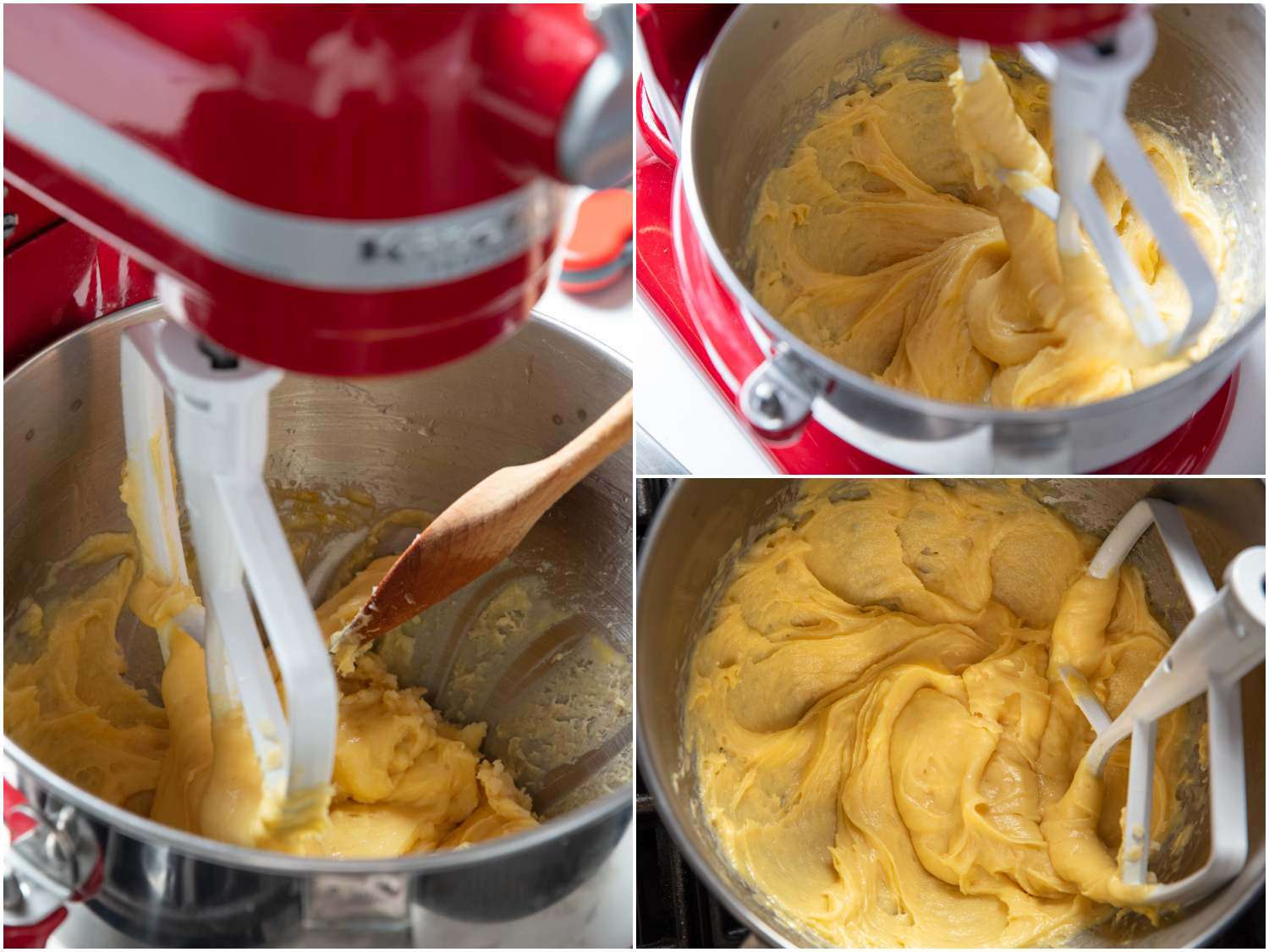 A collage showing various stages of mixing choux pastry dough in a red stand mixer with the paddle attachment. The dough is being scraped down and gets progressively smoother.