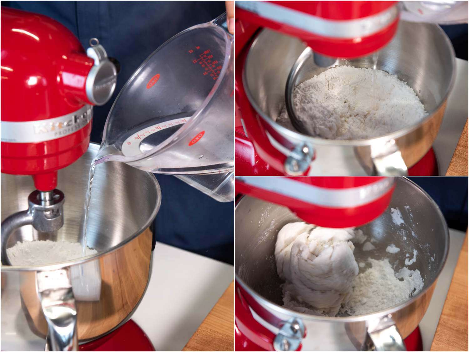 A 3-image collage of making the noodle dough for khao piak sen noodles: adding boiling water to the flour and mixing with a dough hook attachment until a dough forms.