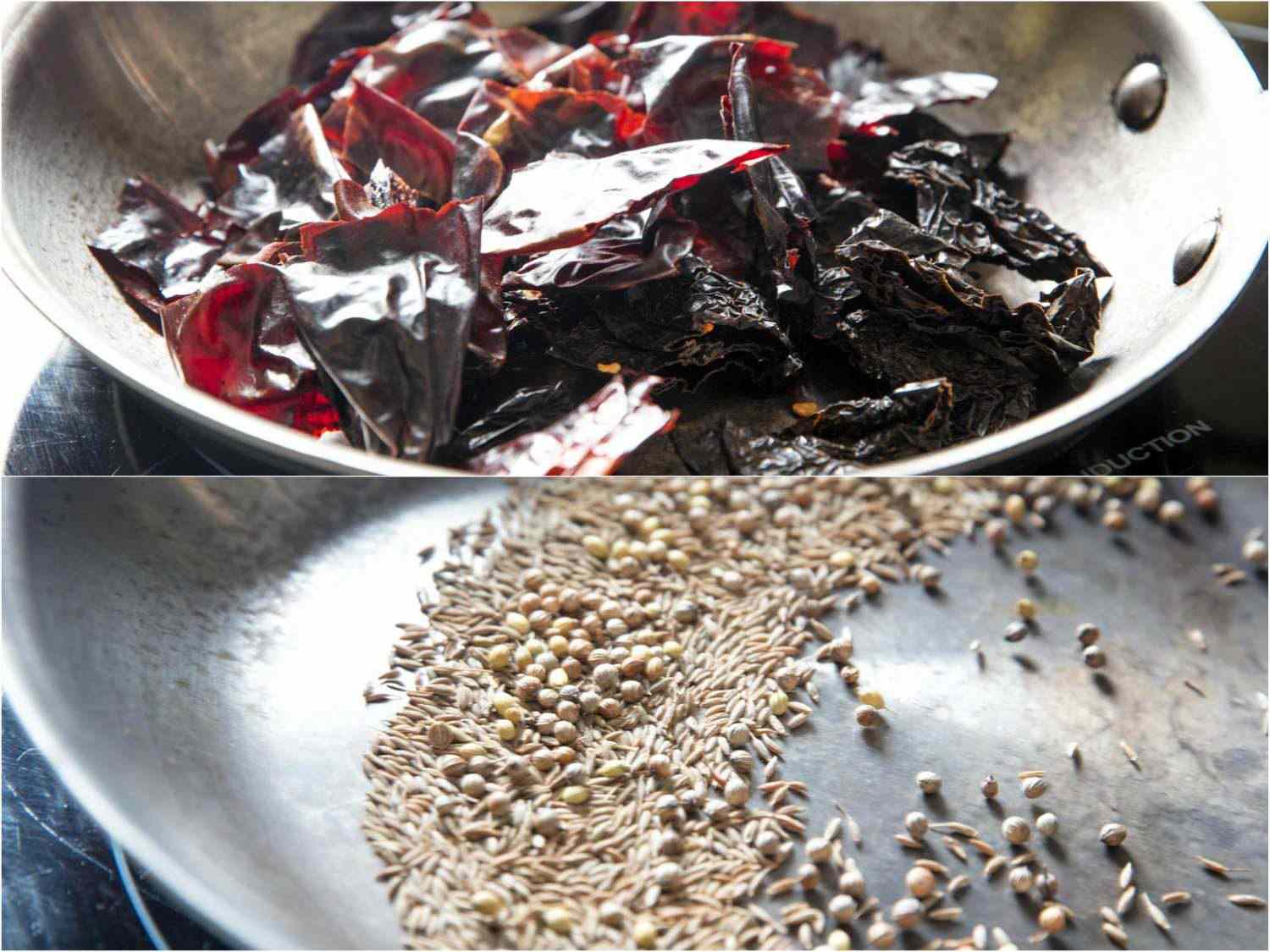 Collage of photos of toasting dried chilies, coriander seed, and cumin seed