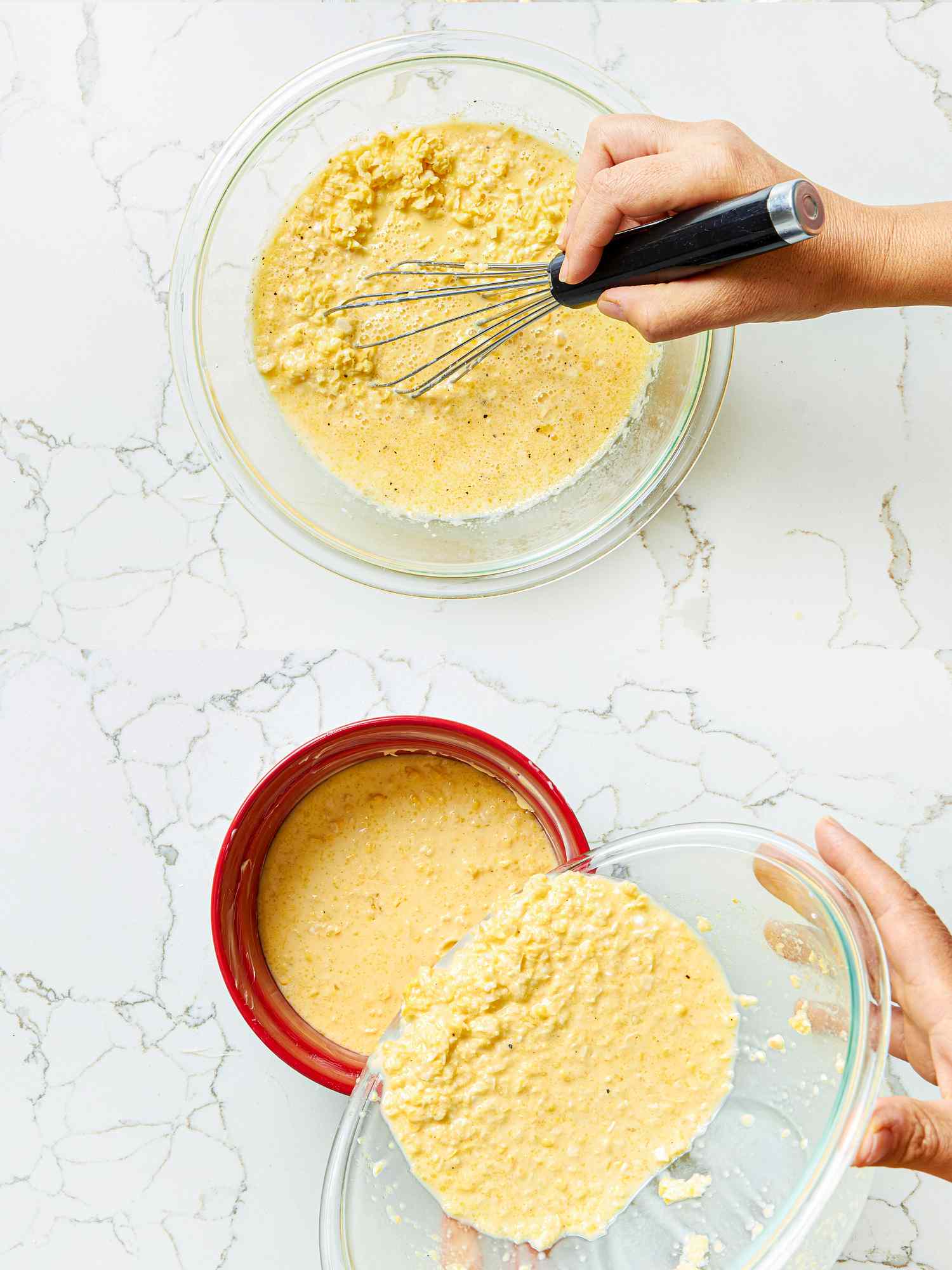 Whisking together corn pudding.