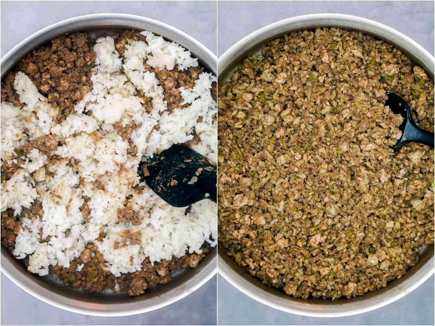 cooked rice added to skillet and mixed in, turning an even brown color