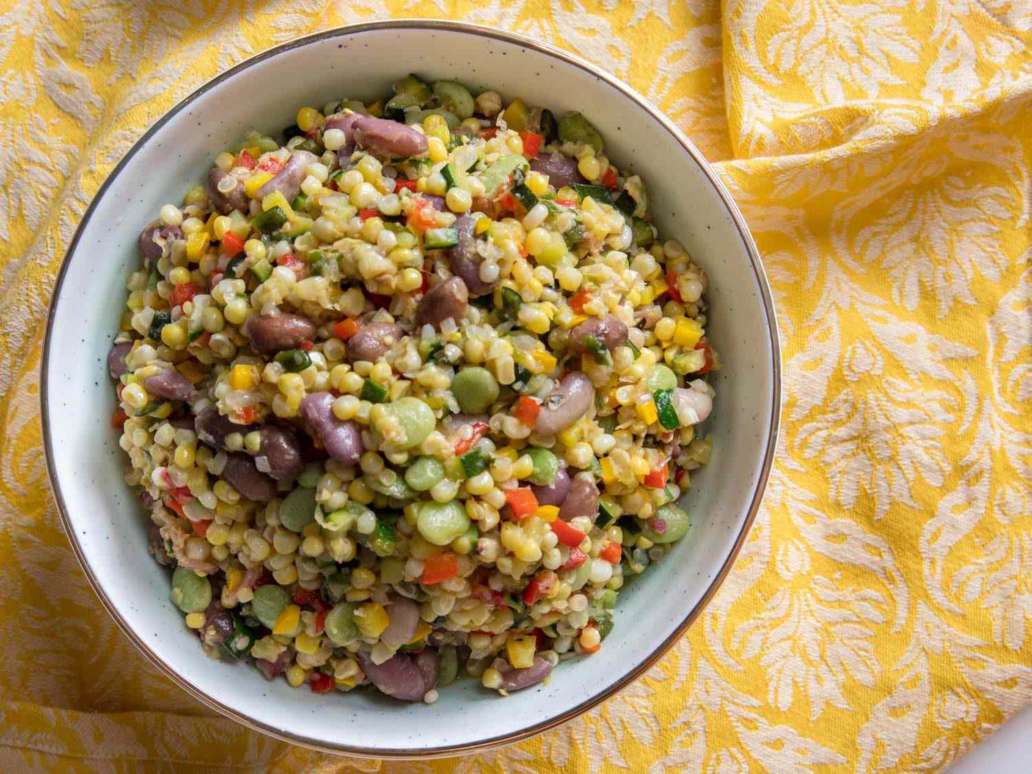 Finished bowl of succotash (corn, bean, and vegetable stew).