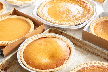 A variety of pumpkin pies displayed on a table and baking trays