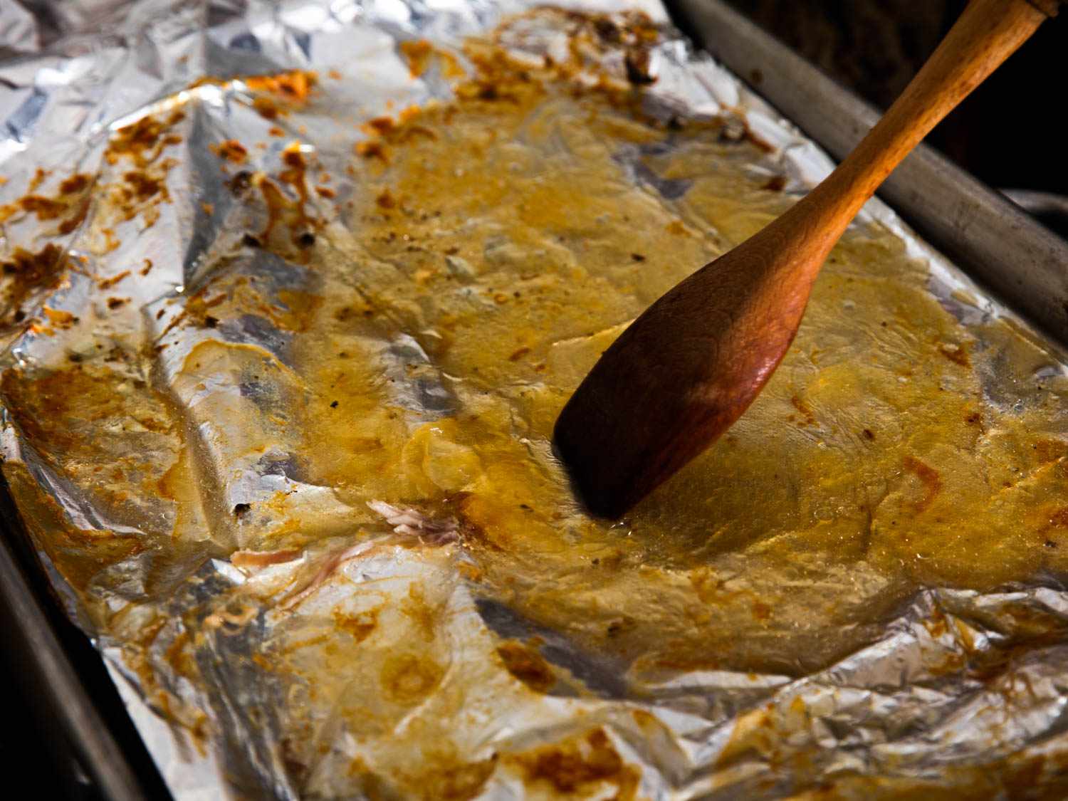 Deglazing pan drippings from foil-lined rimmed baking sheet
