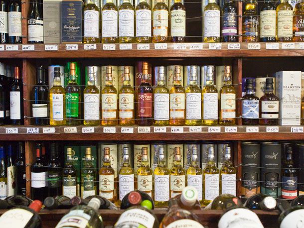 Wines and spirits in a liquor store