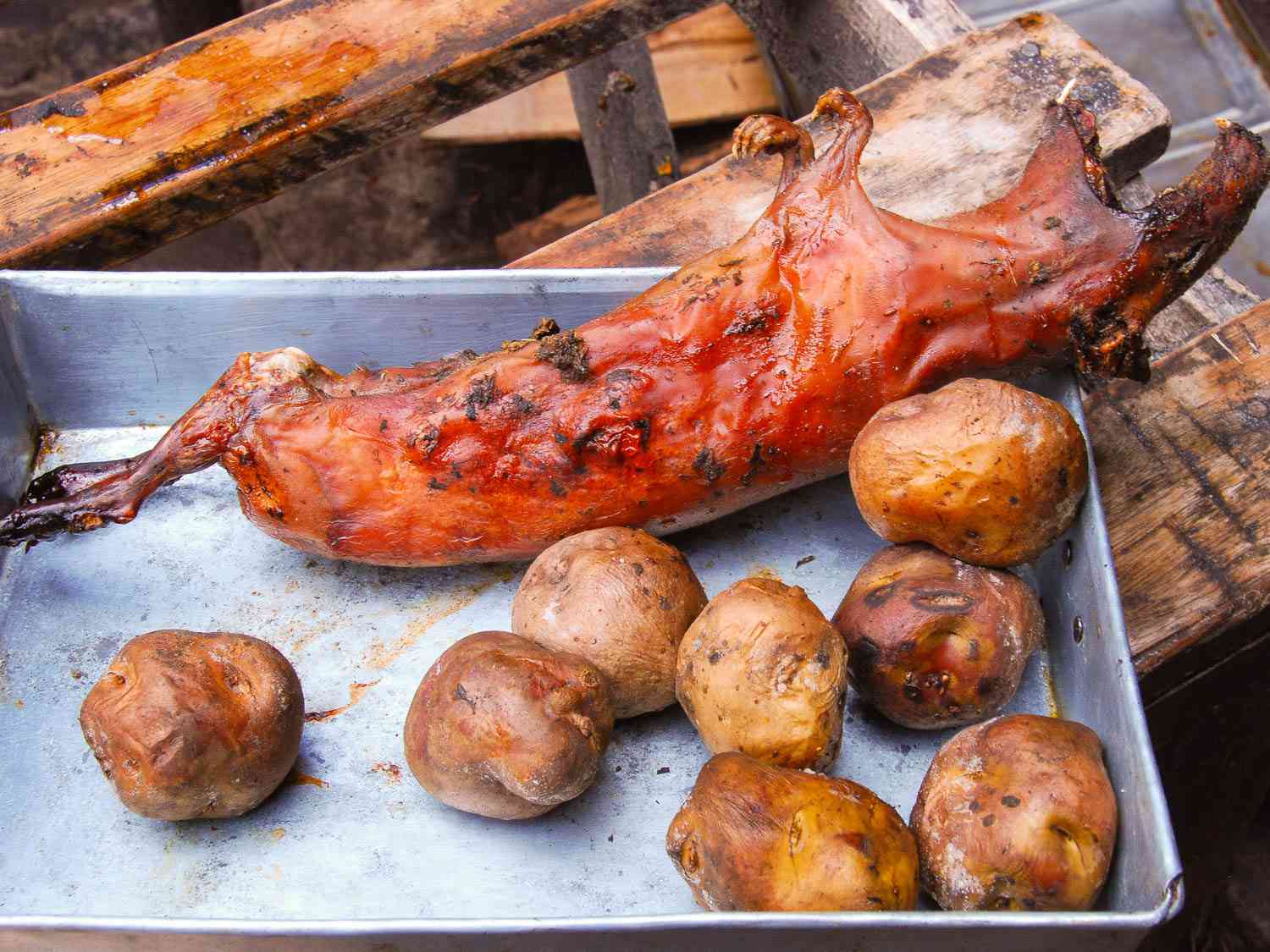 Roasted cuy (guinea pig) with potatoes in a metal pan.