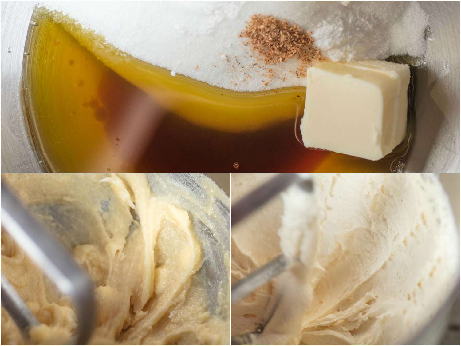 Collage of cocoa butter and sugar being creamed together for cookie dough