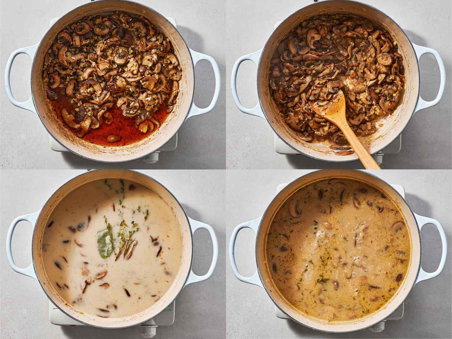 A four-image collage. The top left image shows sherry now added to the contents of the Dutch oven. The top right image shows the wine reduced by half, with the bottom of the pan scraped up to loosen any brown bits (the fond). The bottom left image shows milk, chicken stock, bay leaves, and thyme sprigs added to the contents of the Dutch oven. The bottom right image shows the contents of the Dutch oven at a simmer.