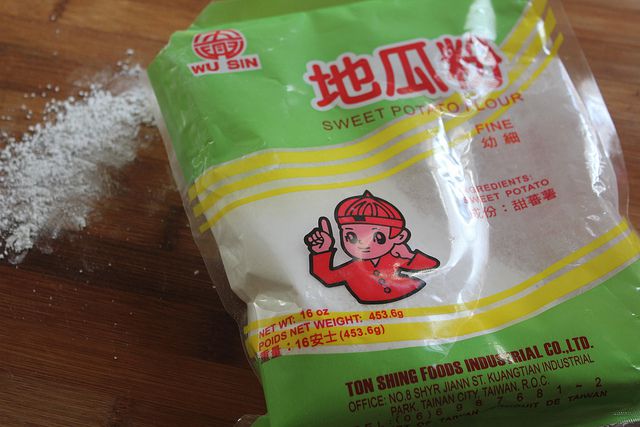 An opened bag of sweet potato starch.