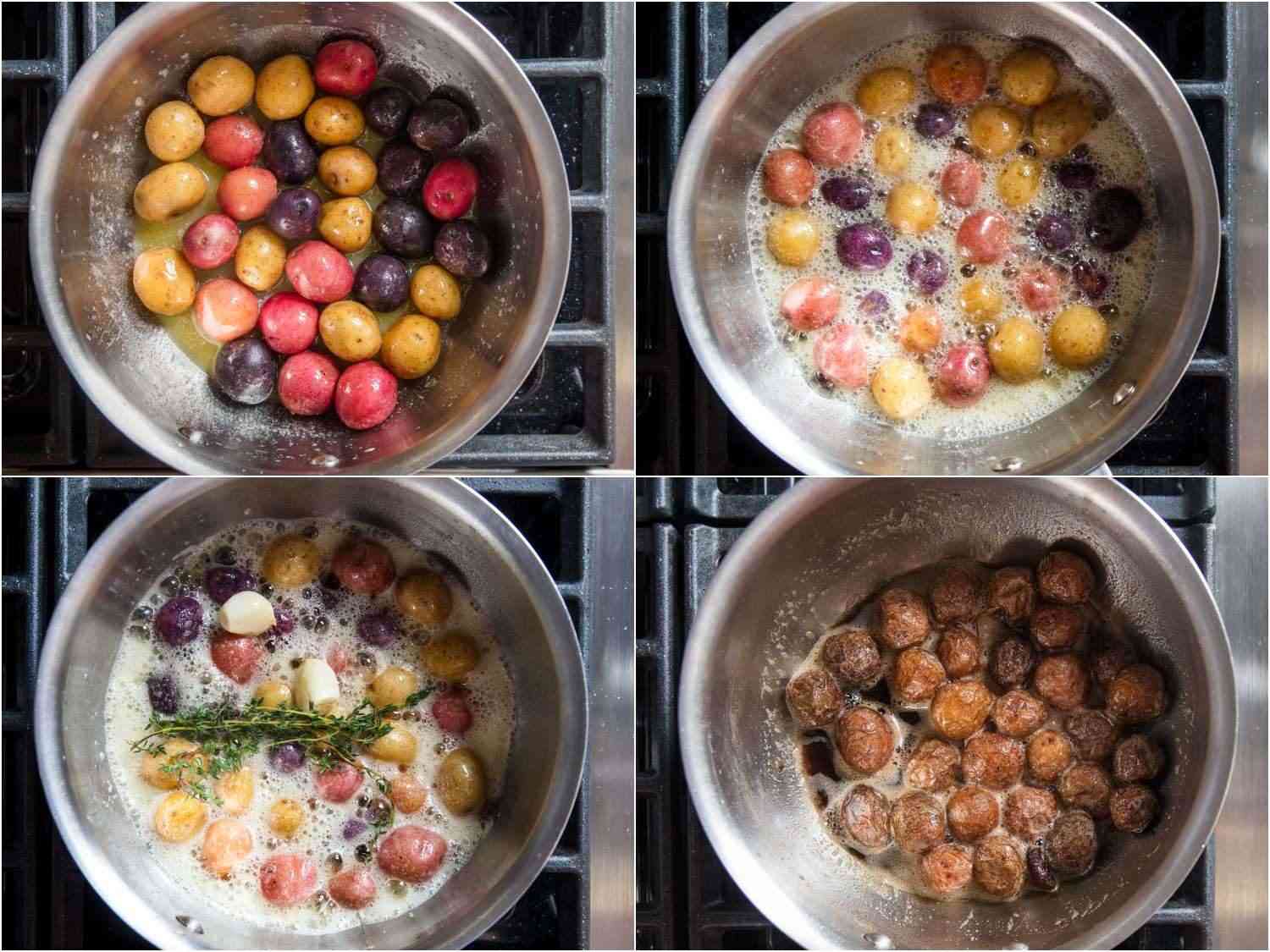 Process shots of cooking new potatoes in butter on the stovetop.