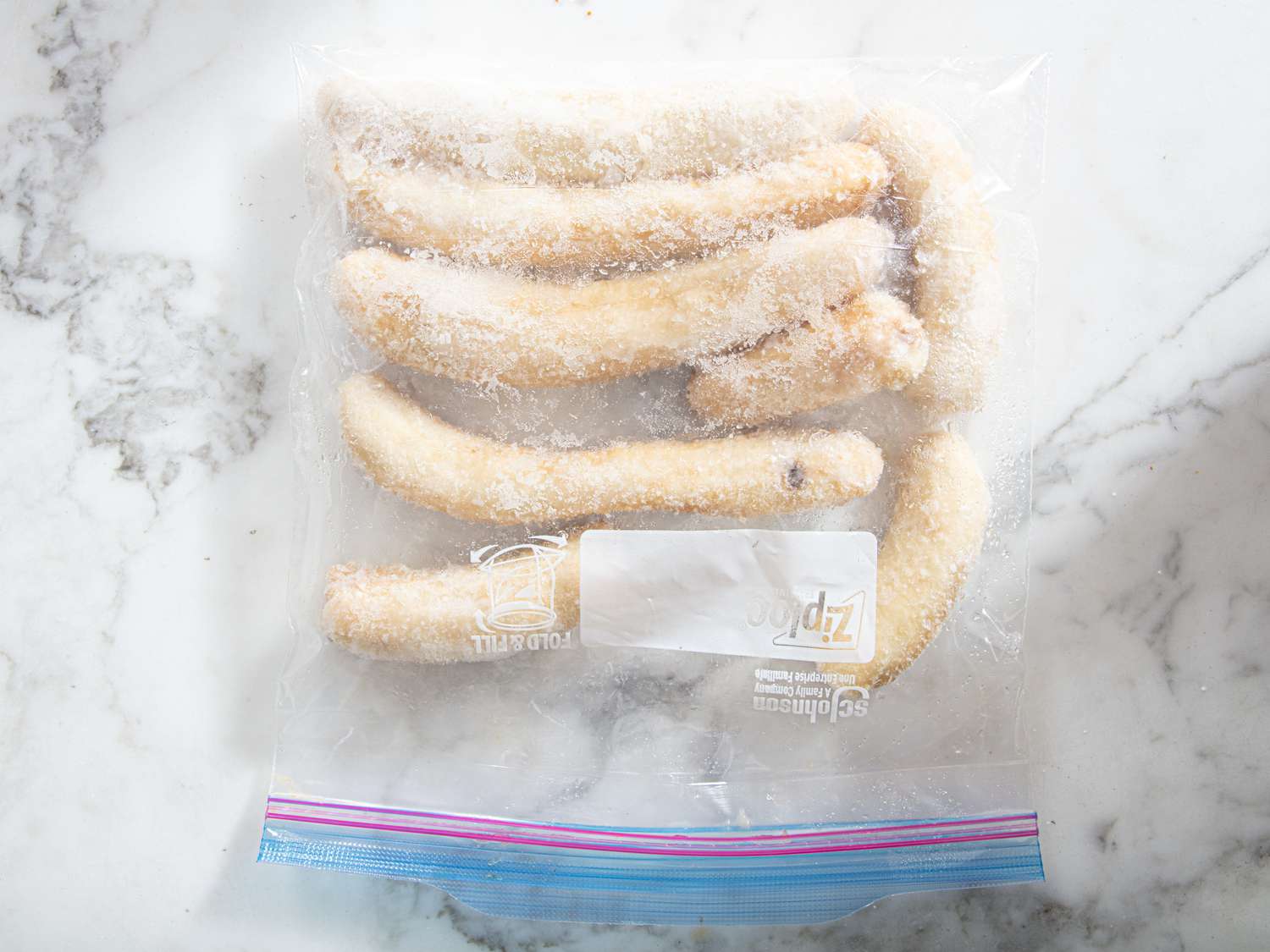 Overhead view of frozen bananas