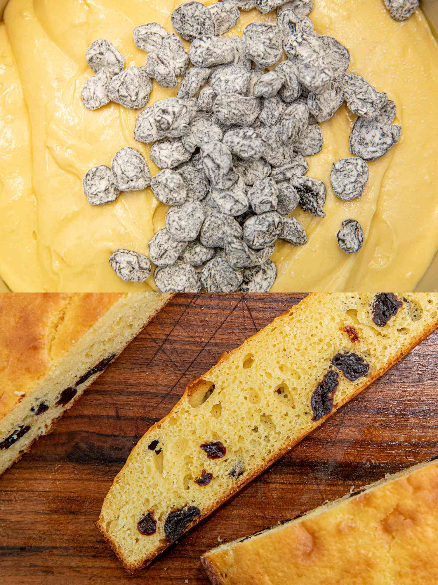 Overhead view of fruit before and after being added to cake
