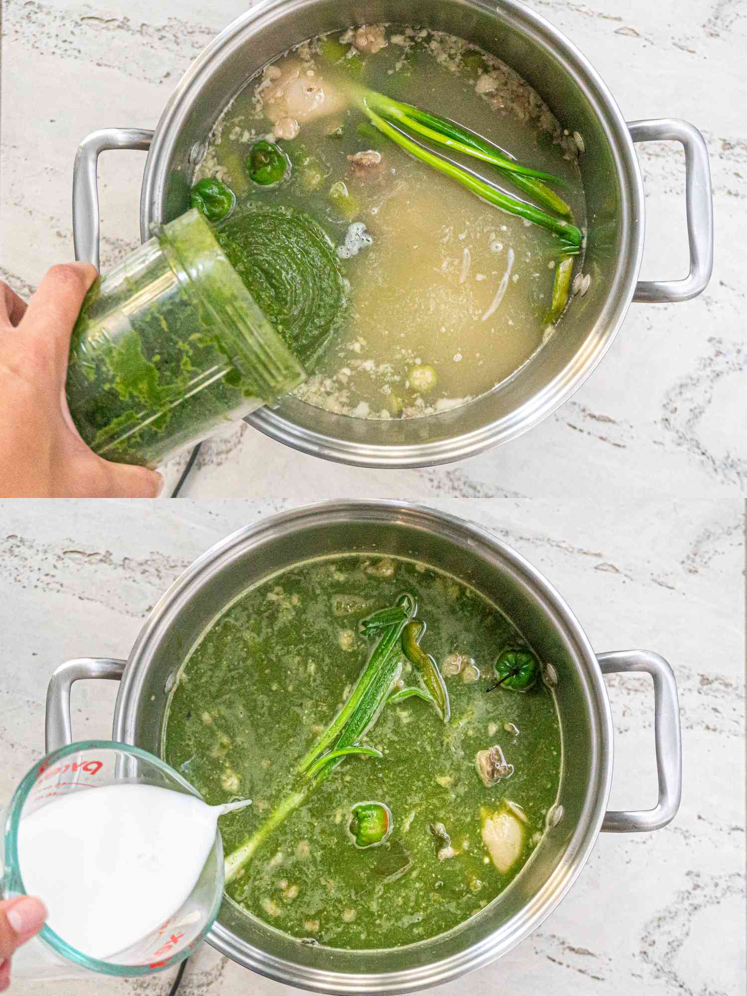Two image collage of added puree greens and coconut milke